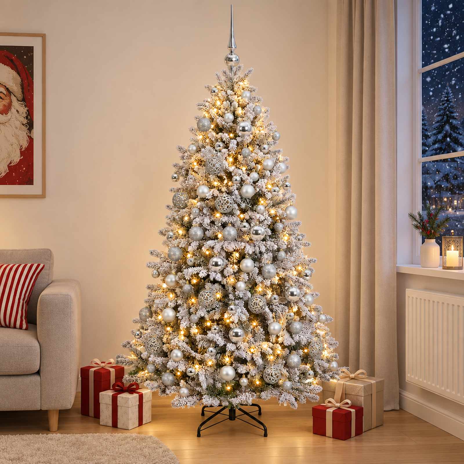 vidaXL Kunstig juletræ med kugler 210 cm 300 LED'er Varm hvid
