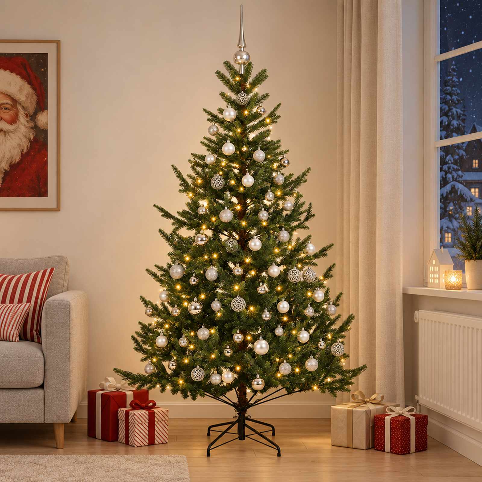 Umetna božična jelka z bučko 180 cm 300 LED Toplo bela