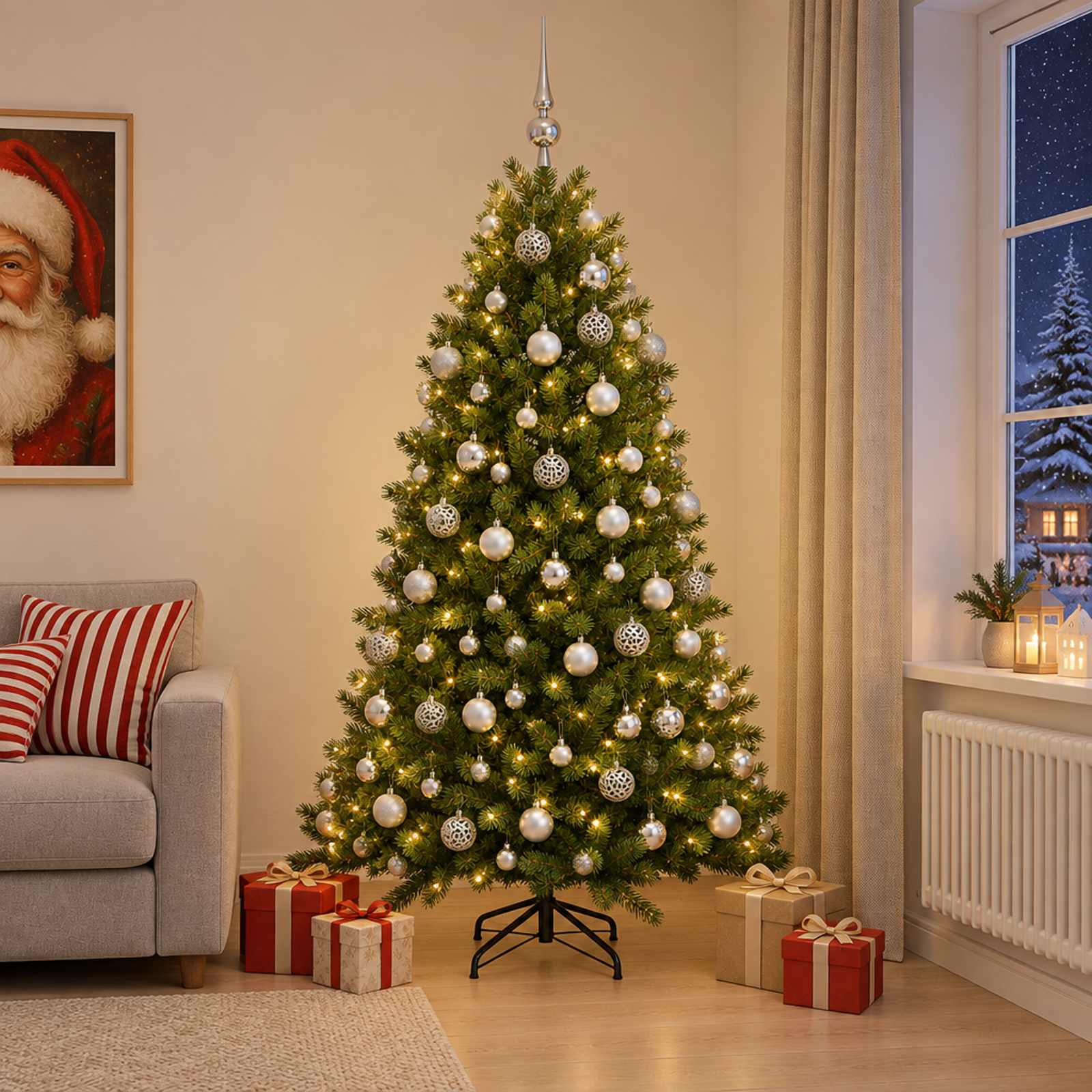 Umjetno božično drevo z okrasnimi kroglami 210 cm 300 LED