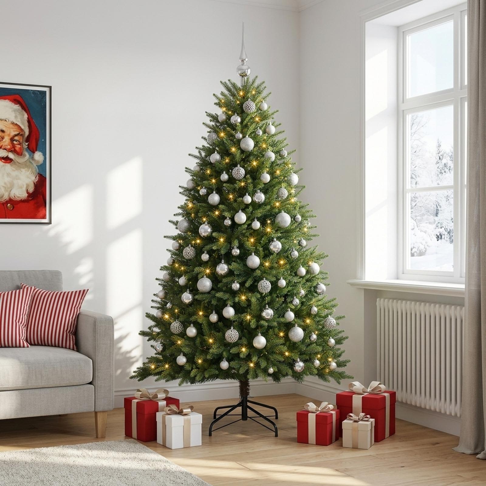 vidaXL Muovinen joulukuusi koristeilla 240 cm 300 LEDiä