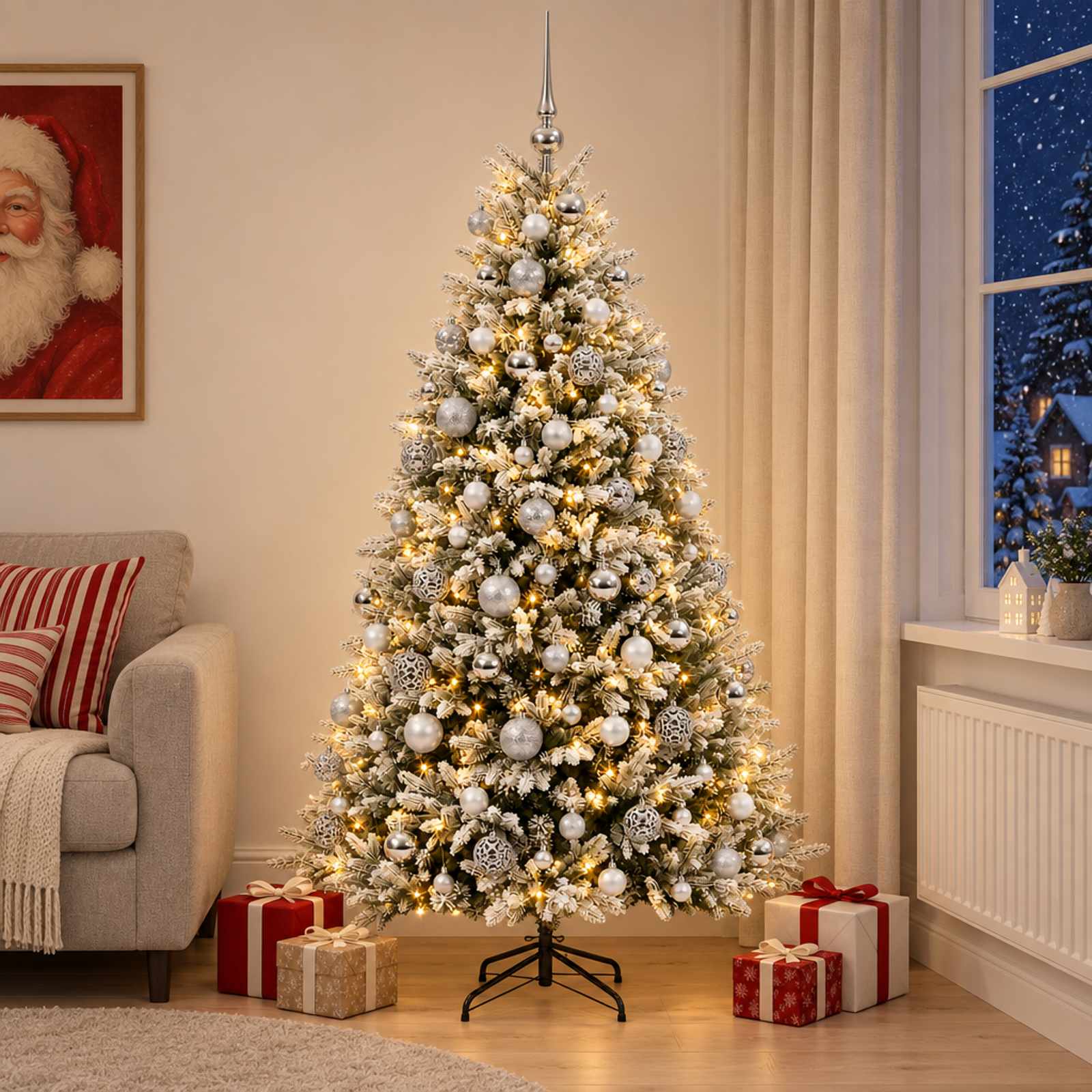 vidaXL Kunstig juletræ med kugler 210 cm 300 LED'er Varm hvid