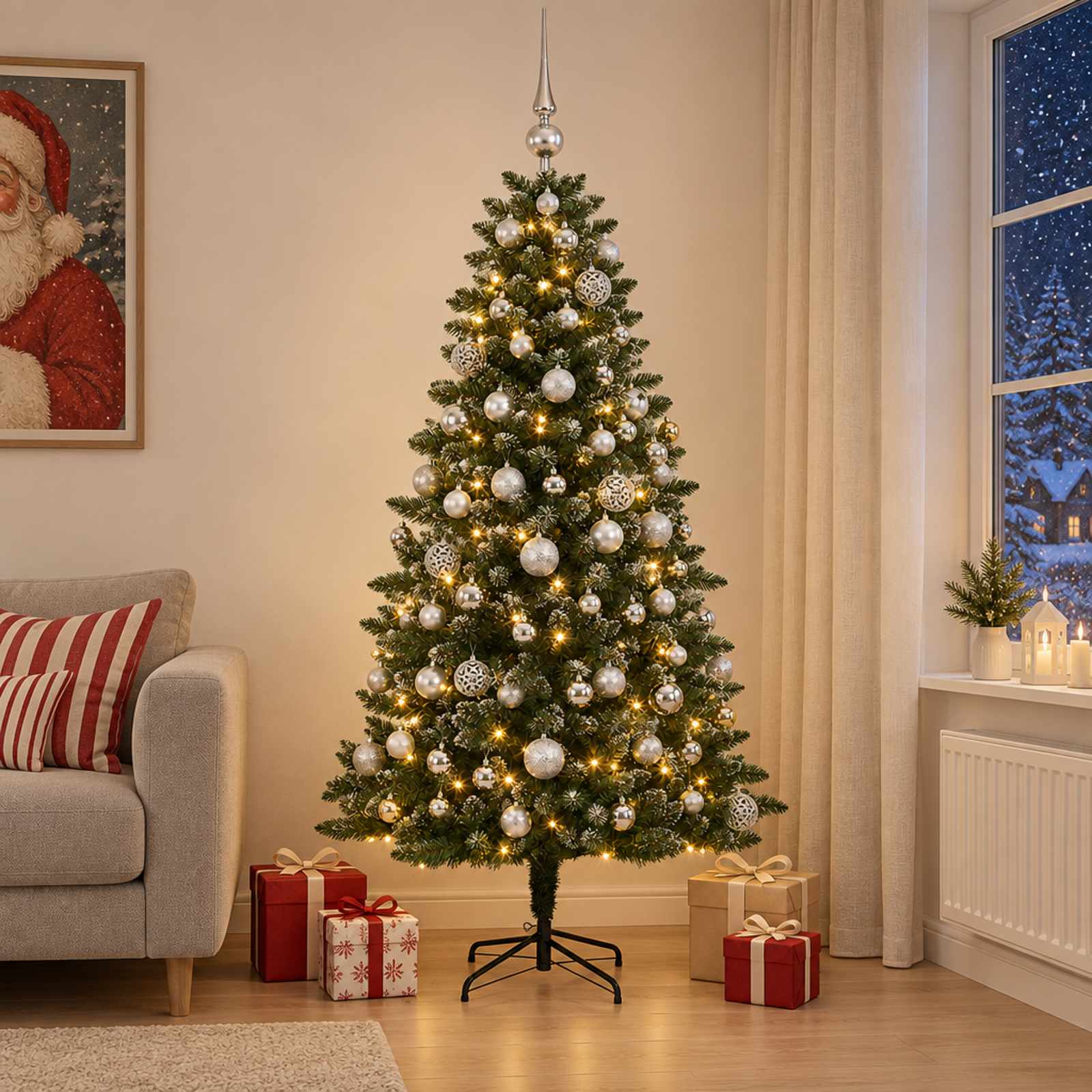 Umjetno božično drevo z okrasnimi kroglami 210 cm 300 LED