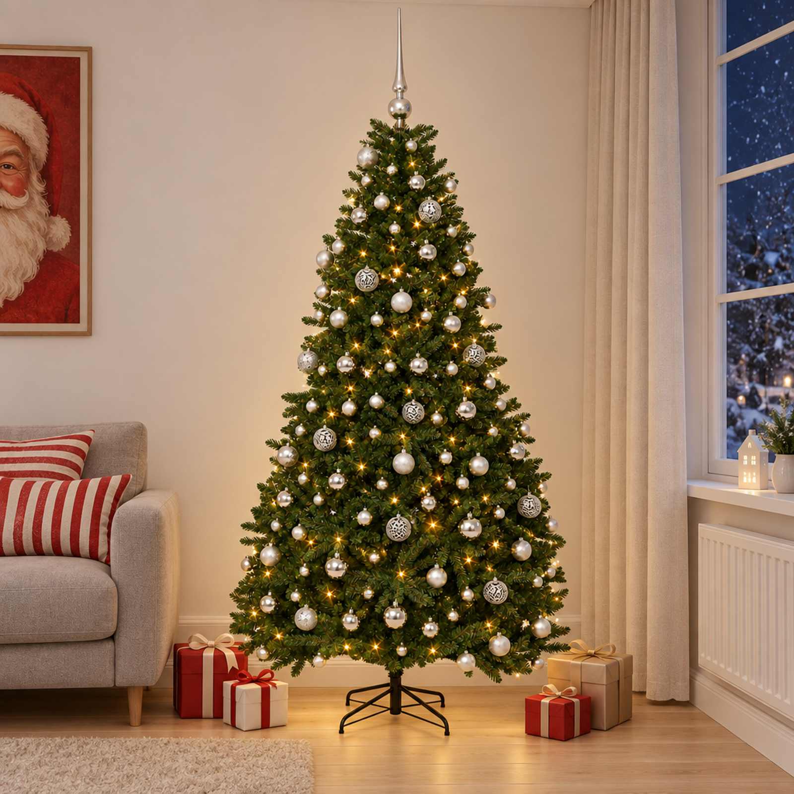 vidaXL Kunstigt juletræ mellemgrønt med julekugle 210 cm 300 LED'er