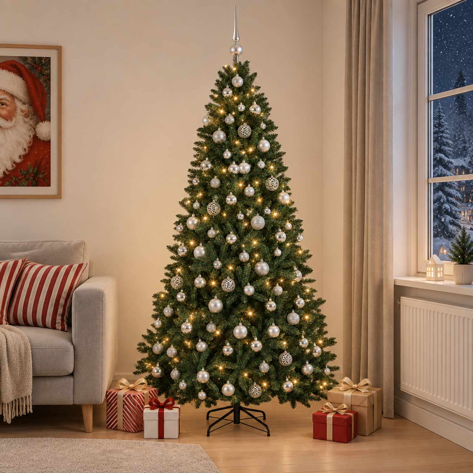 vidaXL Kunstigt juletræ mørkegrønt med julekugler 210 cm 300 LED'er