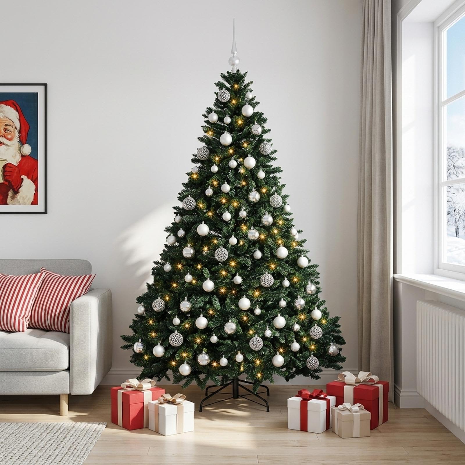 Umetna božična jelka, temno zelena, s kroglicami 240 cm 300 LED