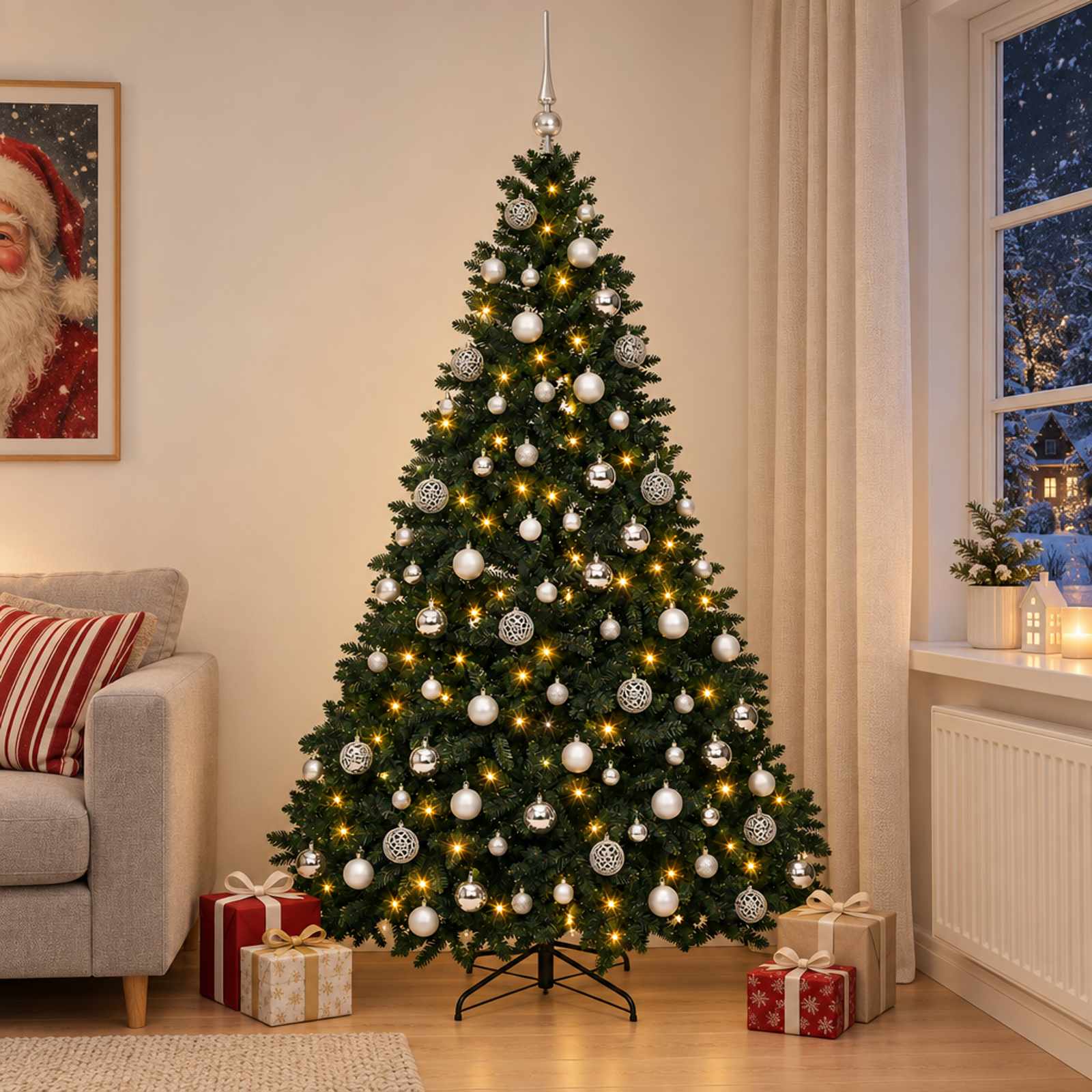 Umetna božična jelka, temno zelena, s kroglicami 240 cm 300 LED