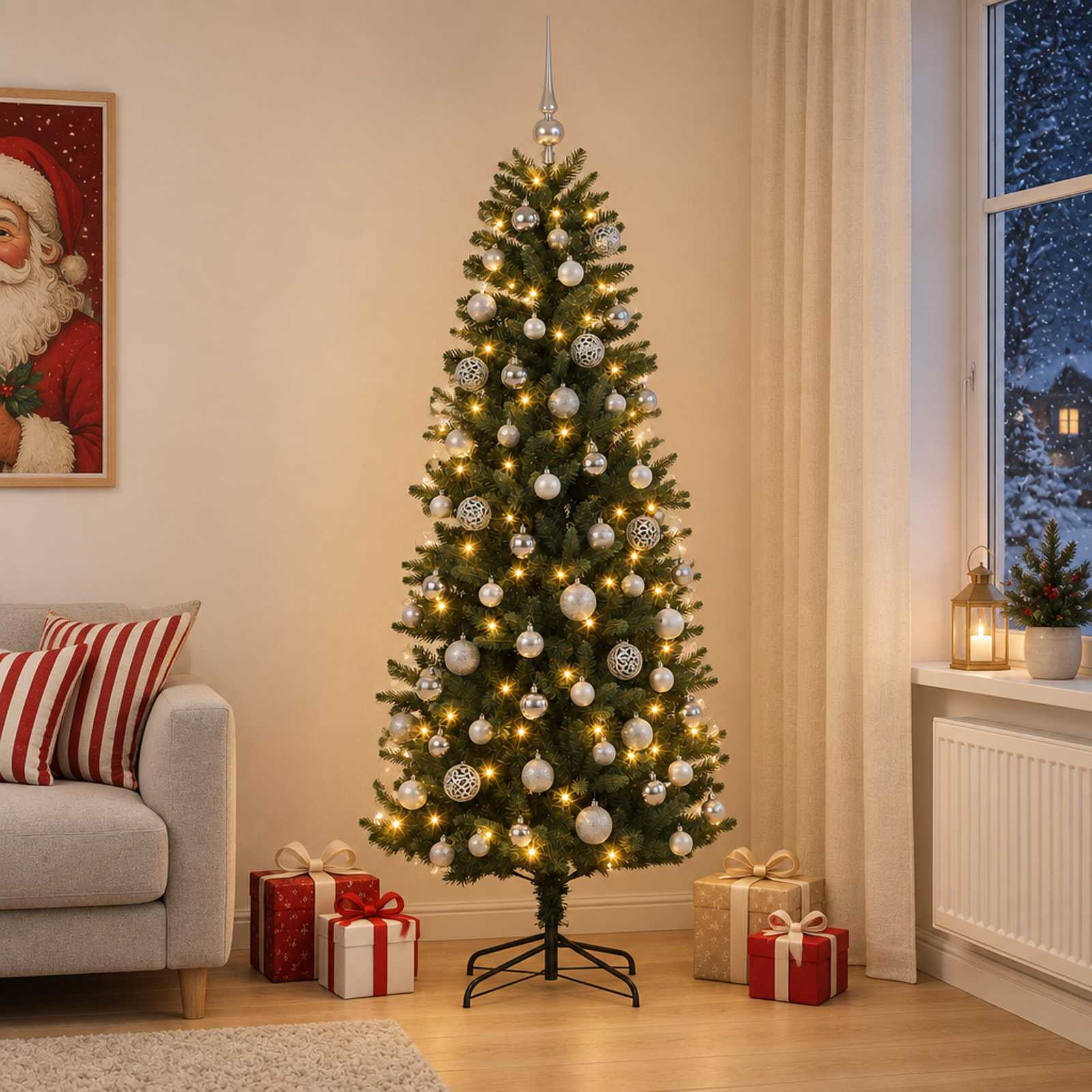 vidaXL Kunstig juletre med kuler 210 cm 300 LED-lys Varmhvit PE og PVC