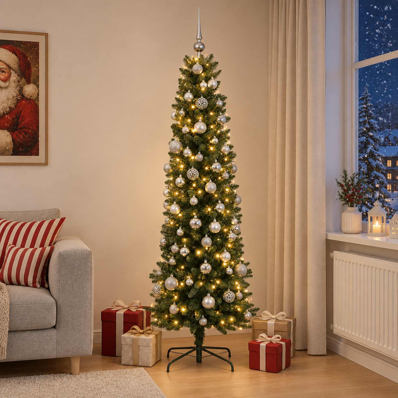 vidaXL Kunstigt slankt juletræ med julekugle 210 cm 300 LED'er