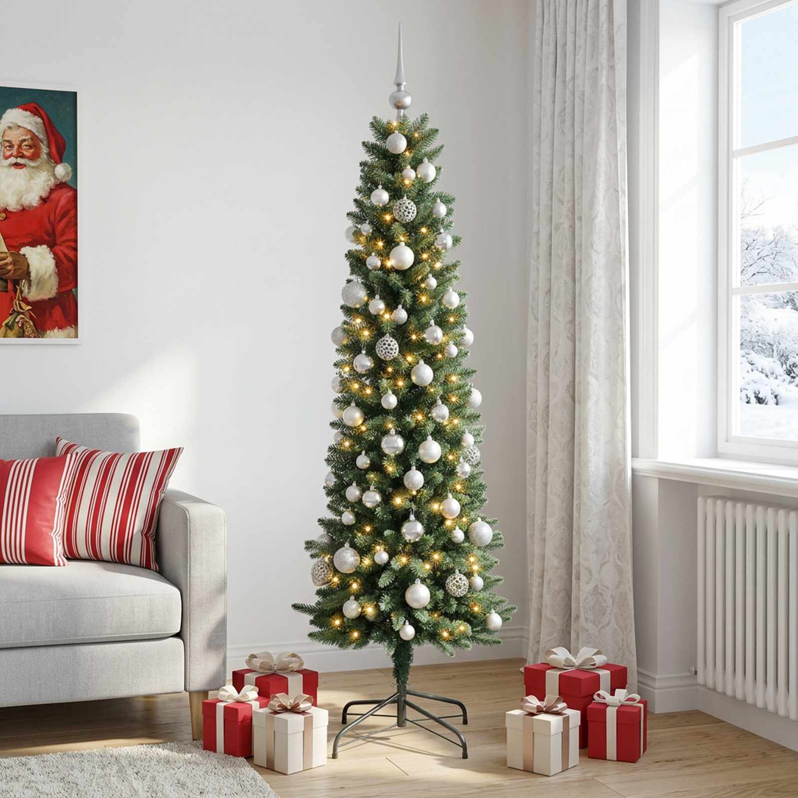 vidaXL - Smalle - kunstkerstboom - met - kerstbal - 180 - cm - 300 - LED's - Warmwit