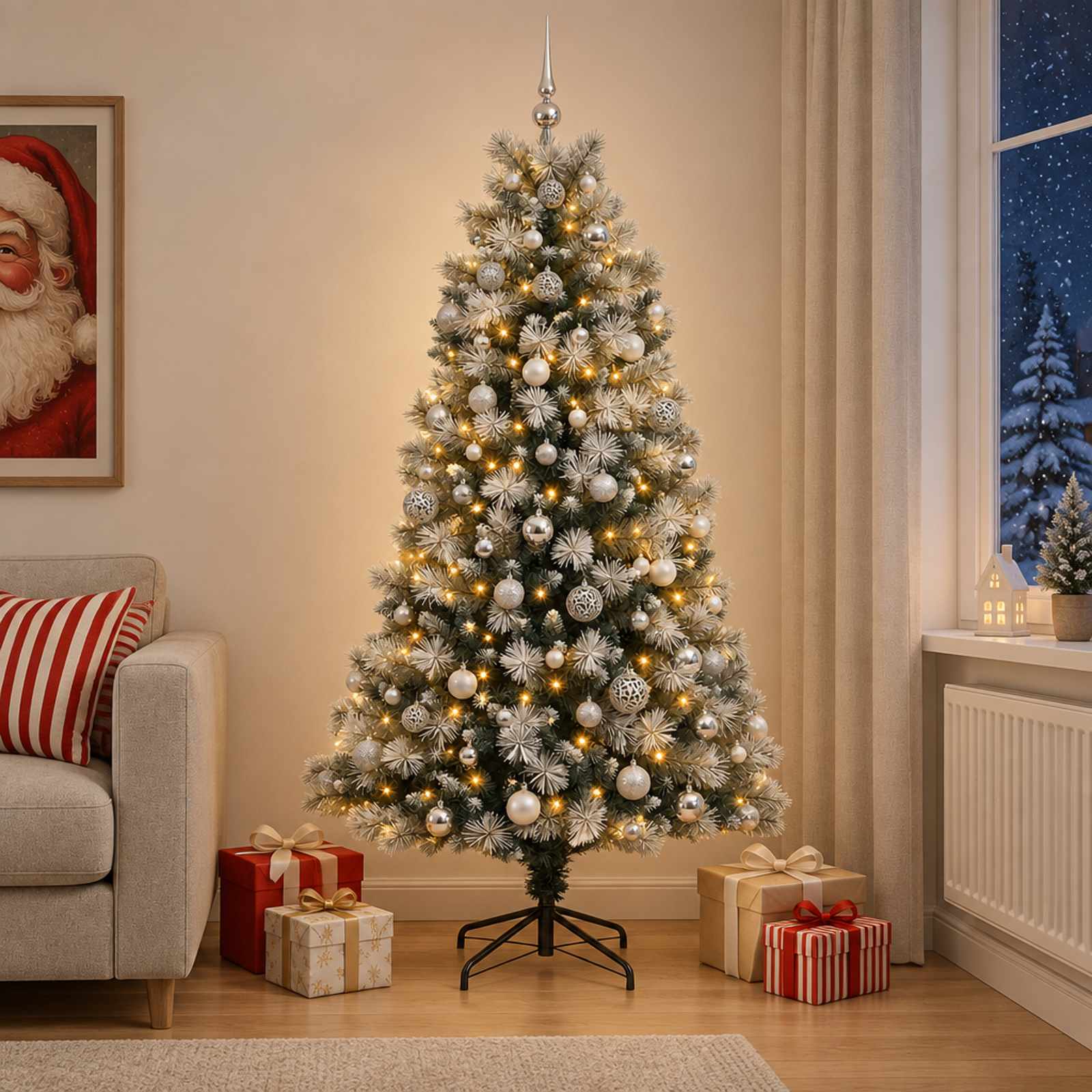 vidaXL Kunstigt hængslet juletræ med julekugler 210 cm 300 LED'er