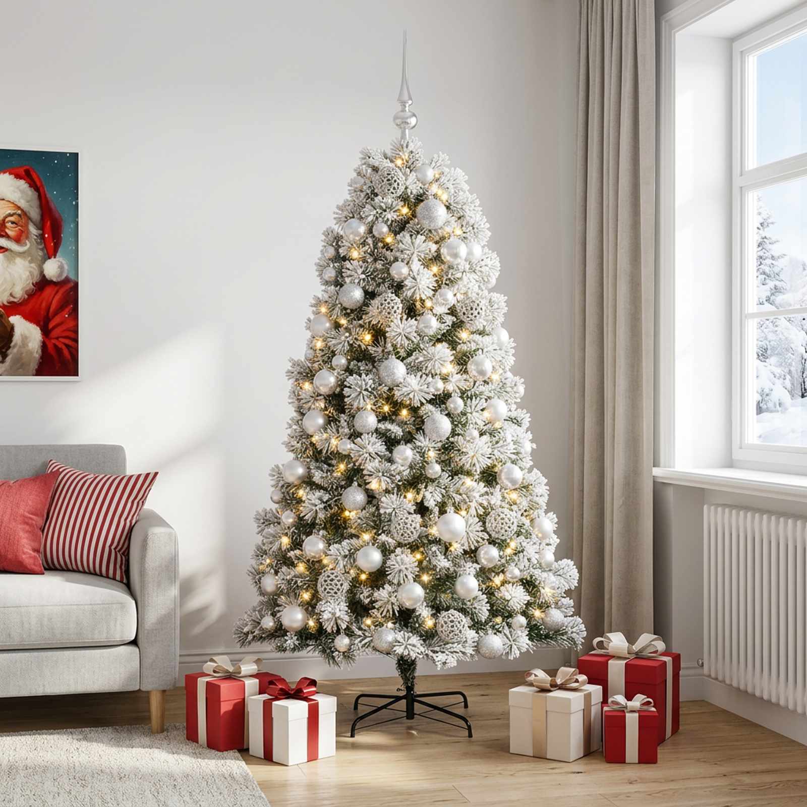 vidaXL Kunstigt hængslet juletræ med julekugler 240 cm 300 LED'er