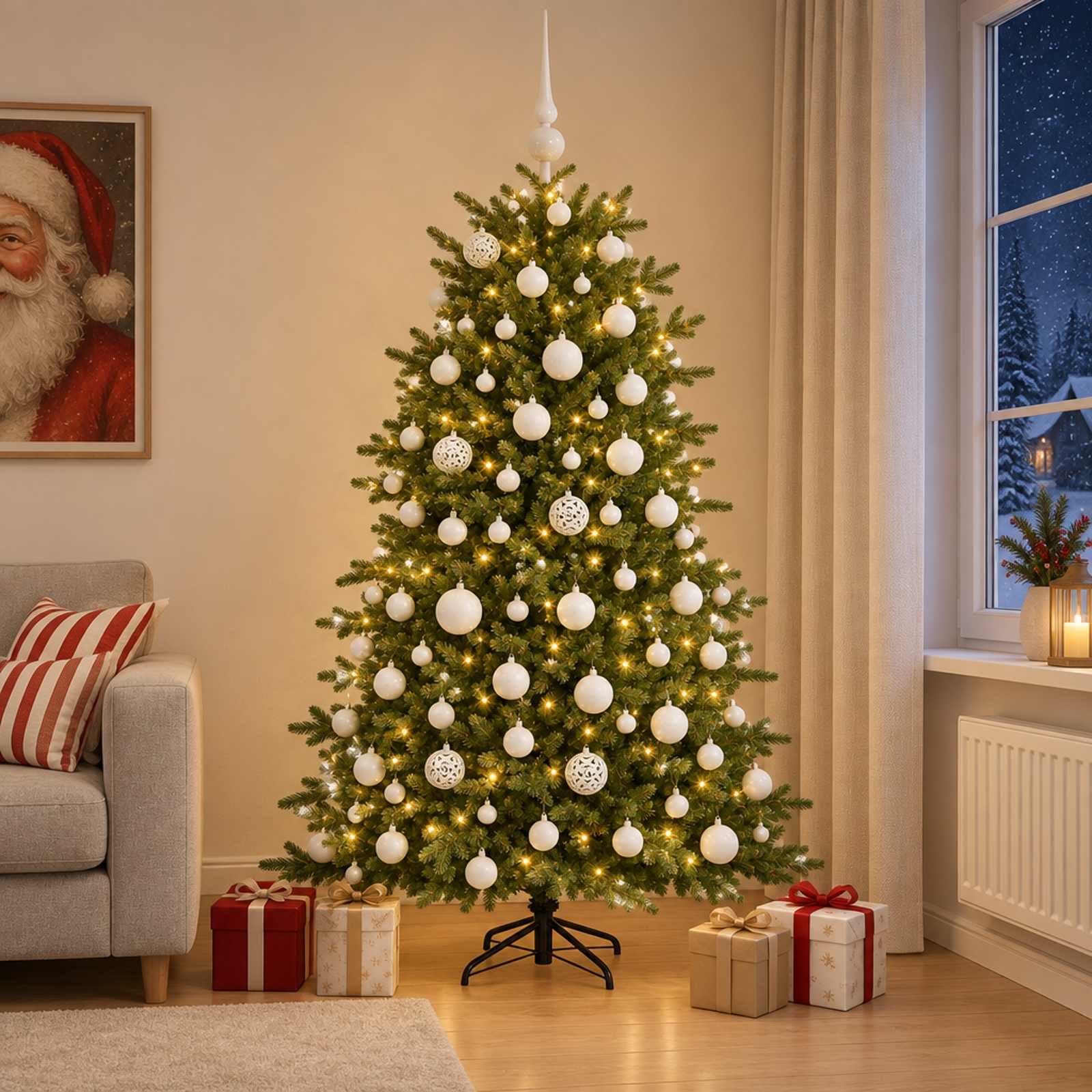 vidaXL Kunstig juletre med julekuler 180 cm 300 LED-lys Varmhvit