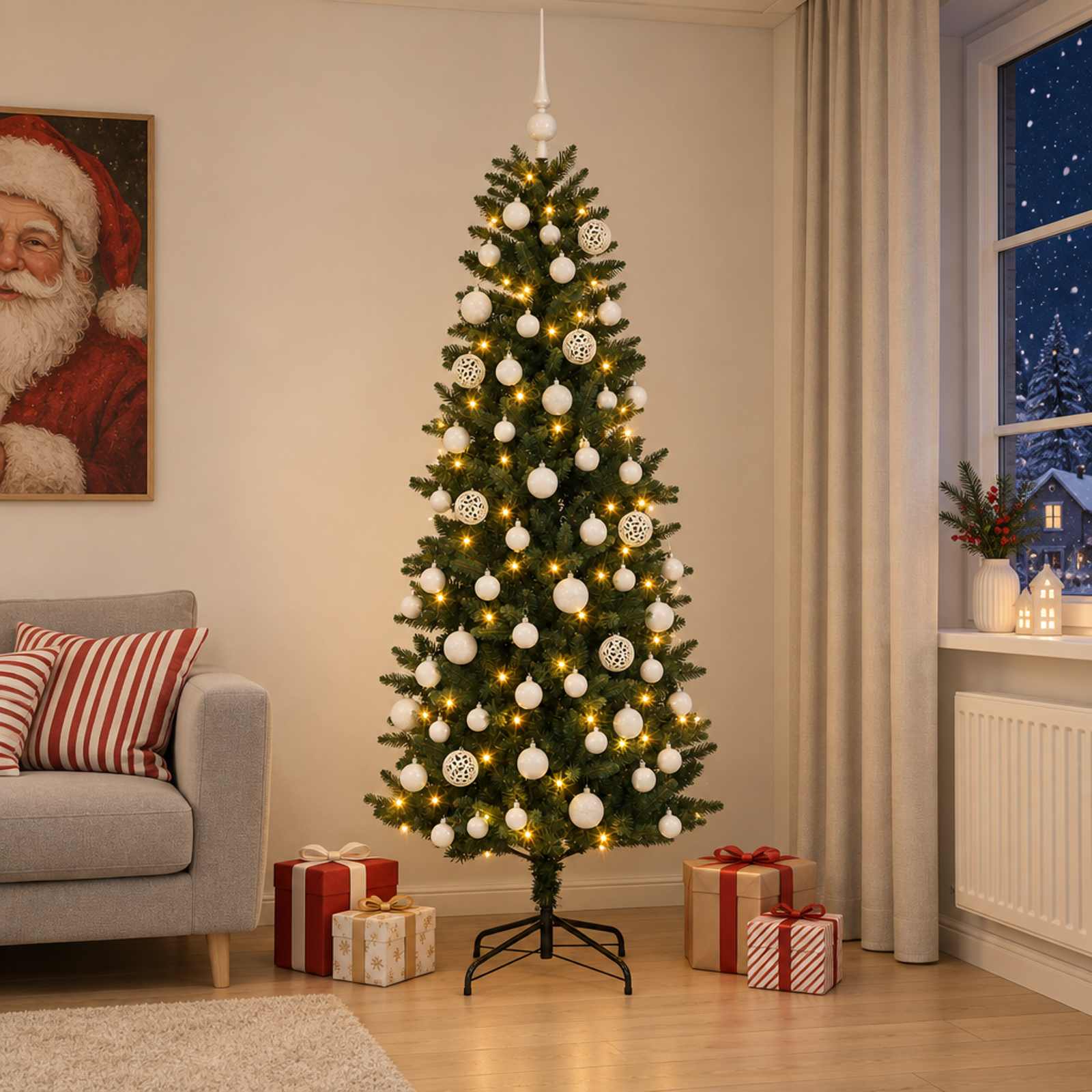 vidaXL Kunstig juletre med kuler 180 cm 300 LED-lys Varmhvit PE og PVC