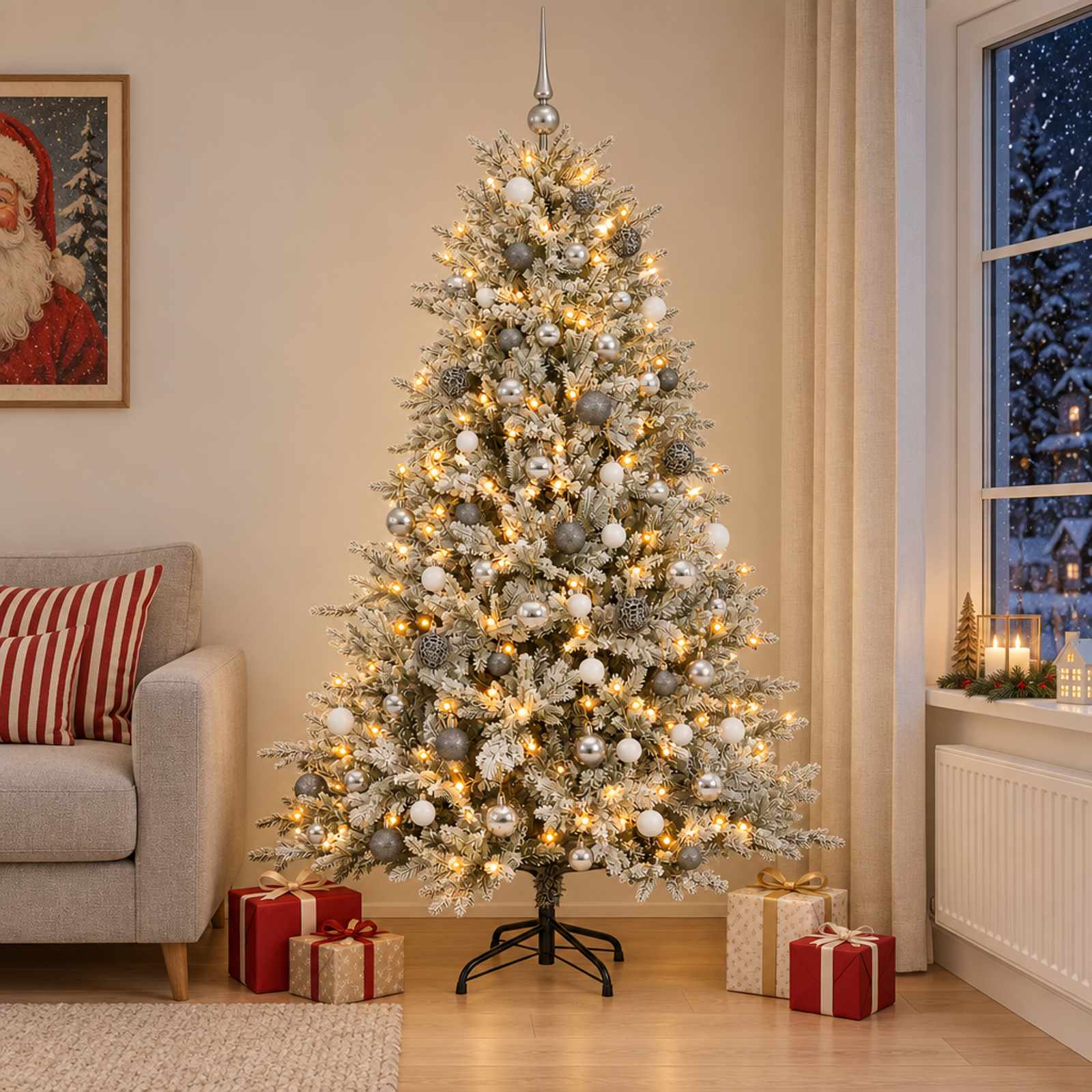 vidaXL Kunstig juletræ med kugler 240 cm 300 LED'er Varm hvid