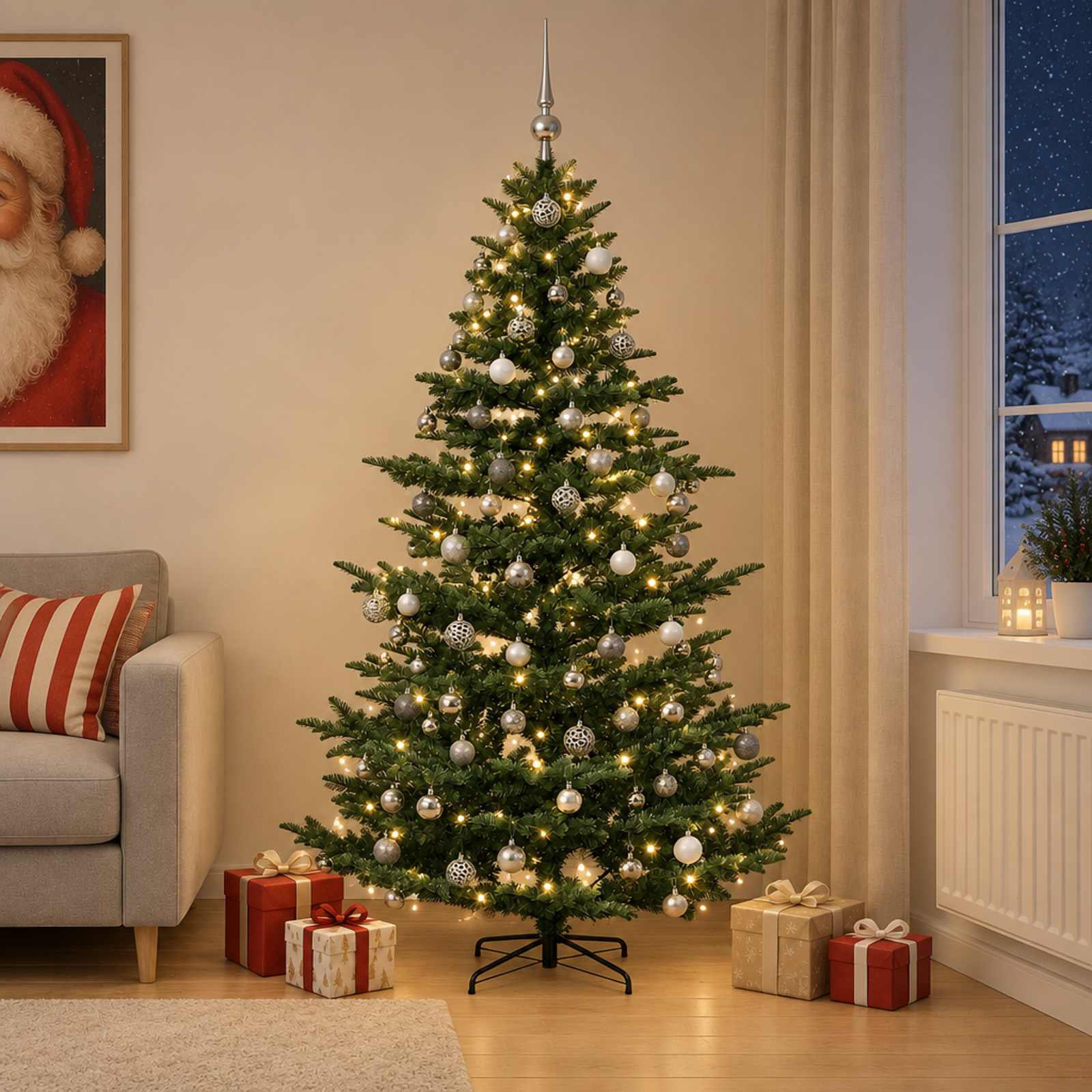 Umetna božična jelka z bučko 210 cm 300 LED Toplo bela
