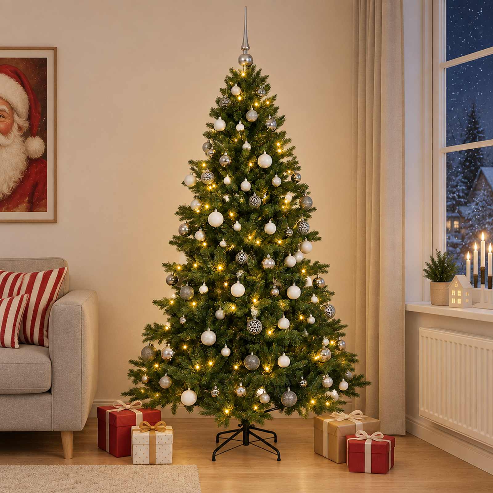 vidaXL Kunstigt juletræ med julekugle 240 cm 300 LED'er Varm hvid