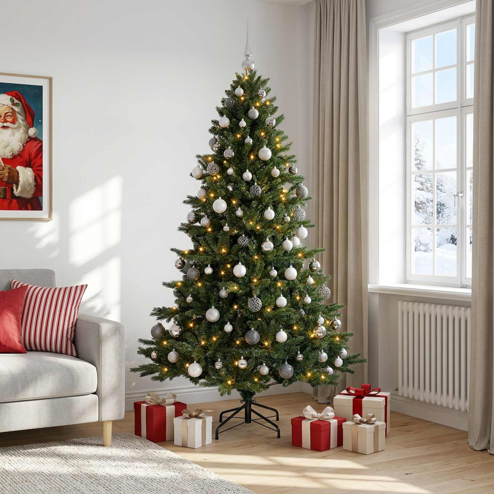 Umetna božična jelka z bučko 210 cm 300 LED Toplo bela