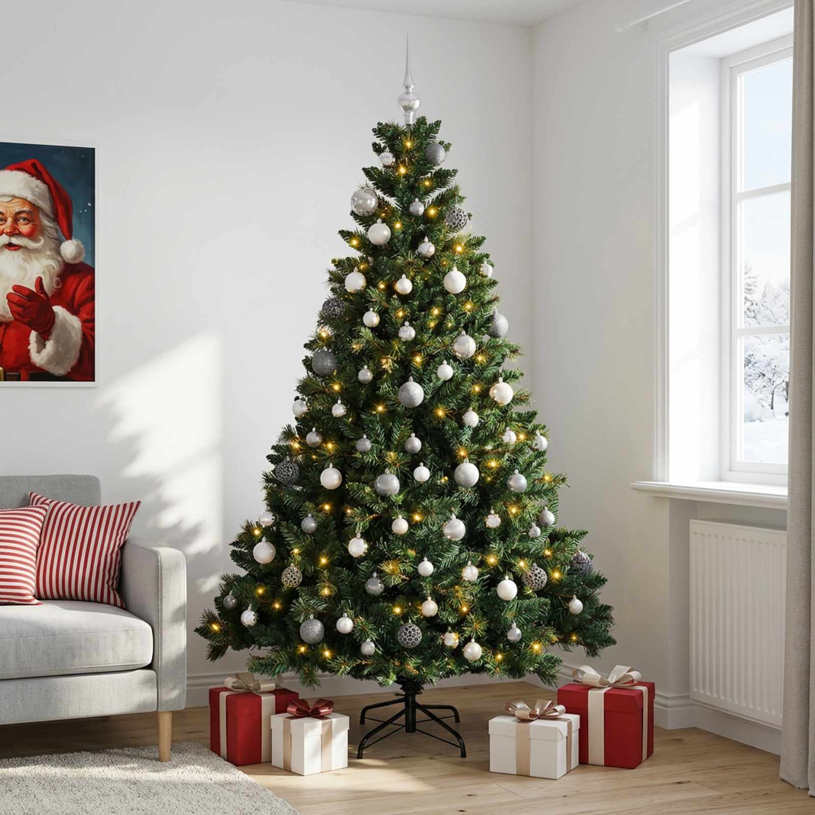 Umjetno božično drevo z okrasnimi kroglami 210 cm 300 LED