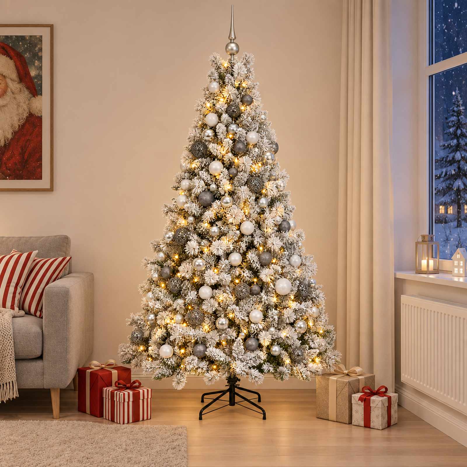 vidaXL Kunstig juletre med kuler 210 cm 300 LED-lys Varmhvit
