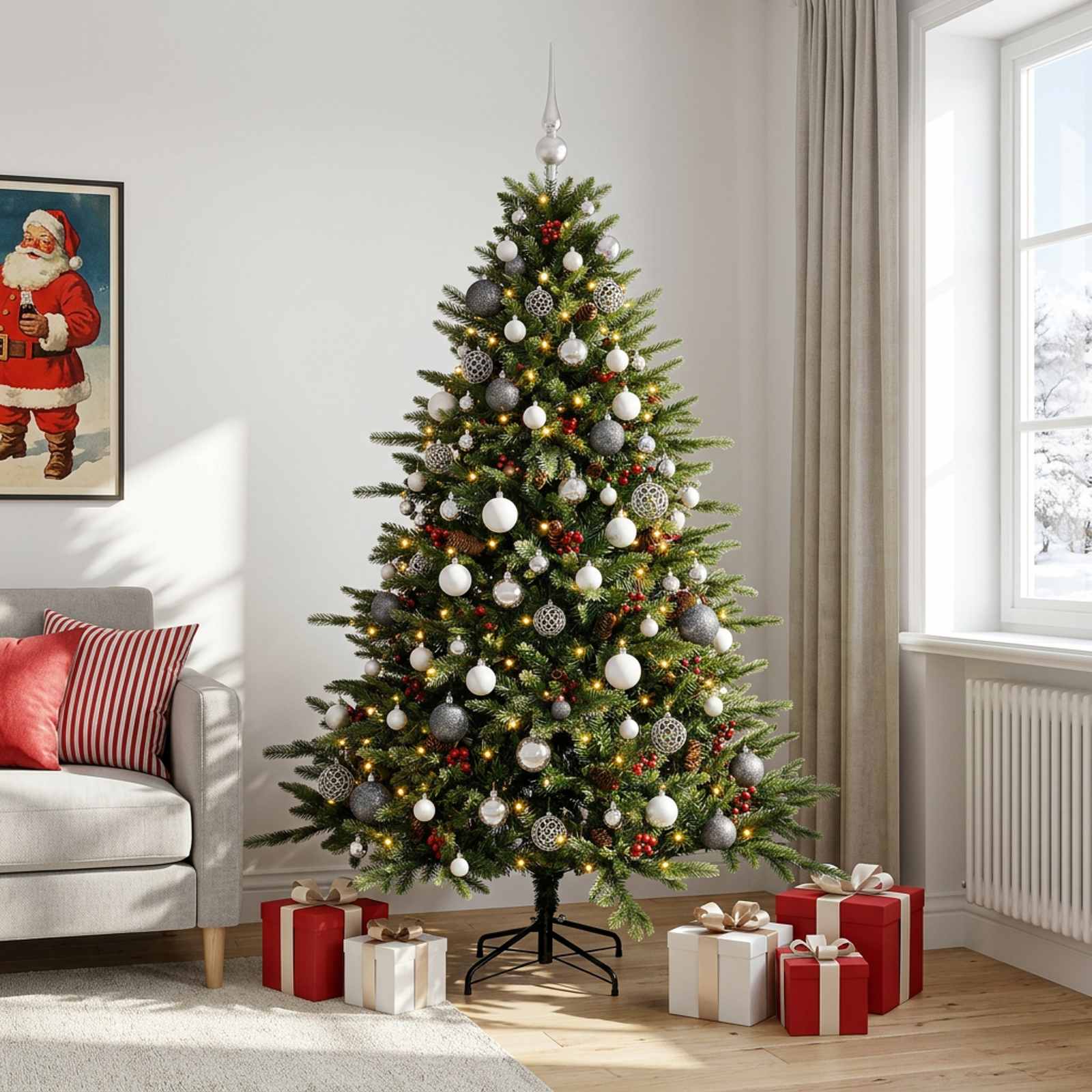 Umetna božična jelka z bučko 210 cm 300 LED Toplo bela