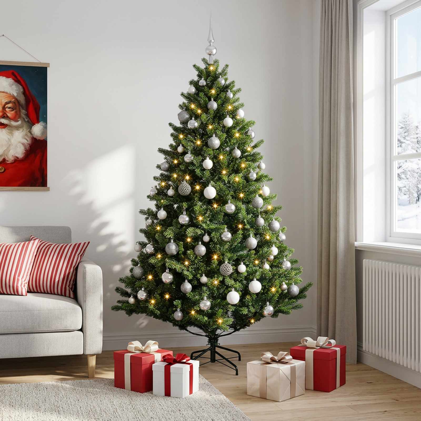 vidaXL Kunstig juletræ med kugler 240 cm 300 LED'er Varm hvid