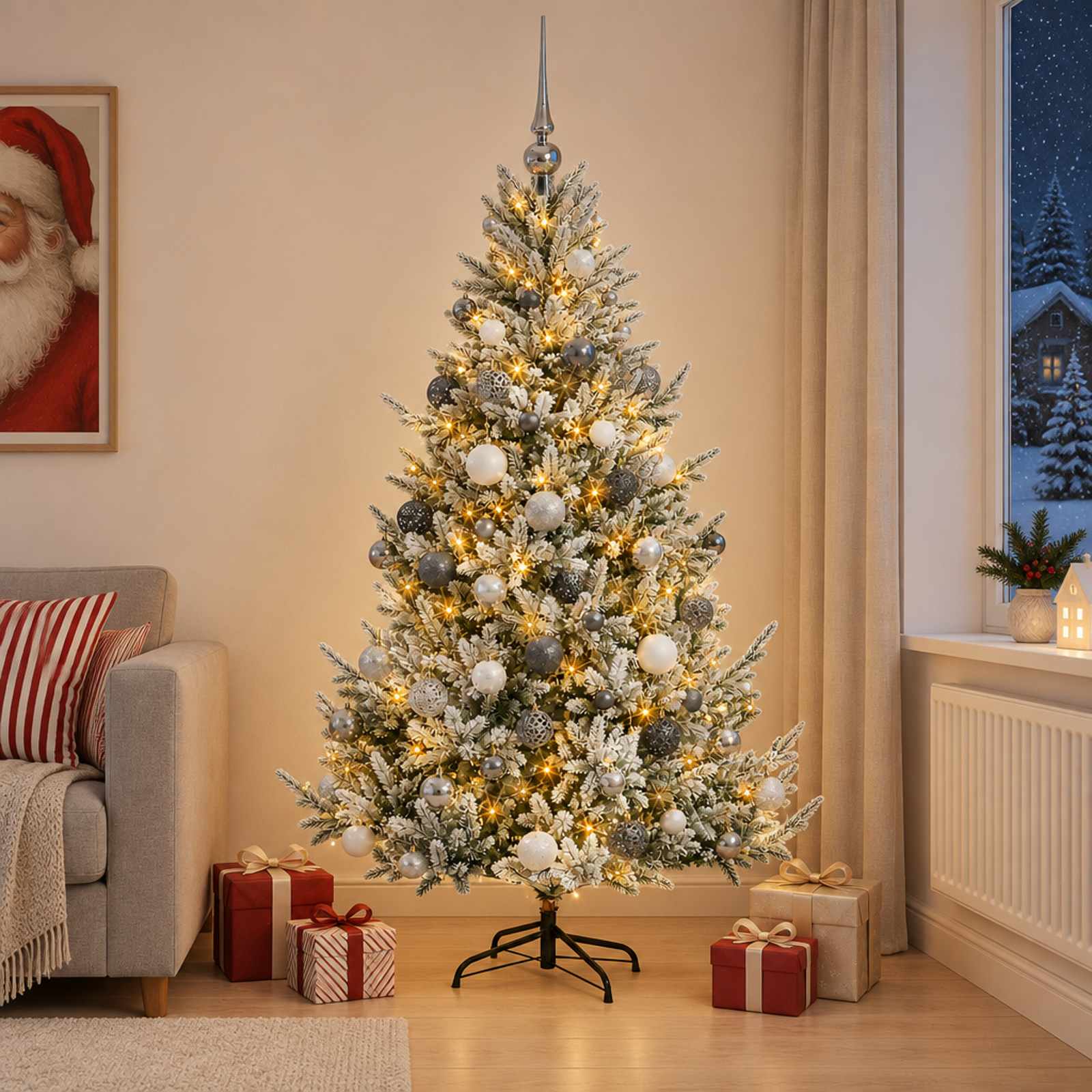 Umetna božična jelka z bučko 210 cm 300 LED Toplo bela