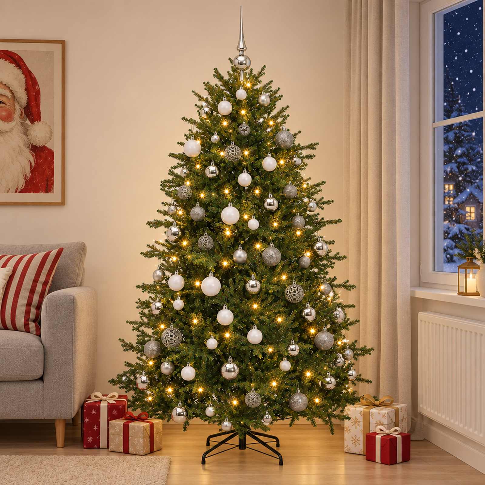vidaXL Kunstigt juletræ med julekugle 180 cm 300 LED'er Varm hvid