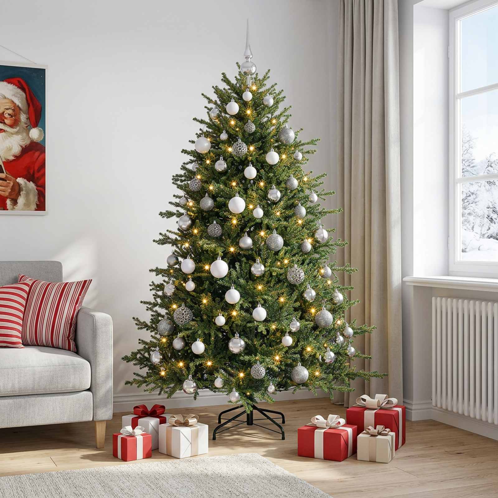 Umetna božična jelka z bučko 180 cm 300 LED Toplo bela