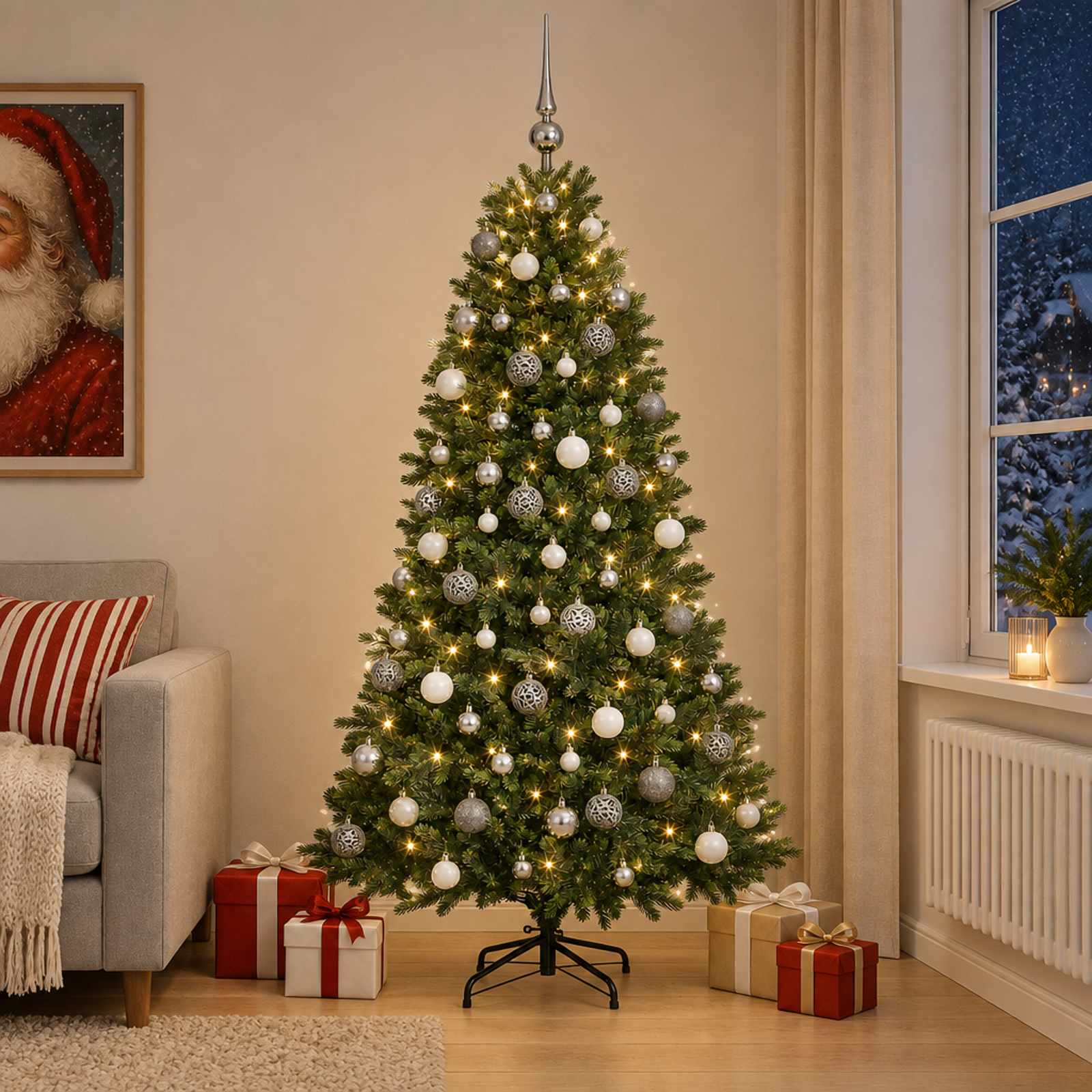 Umjetno božično drevo z okrasnimi kroglami 180 cm 300 LED
