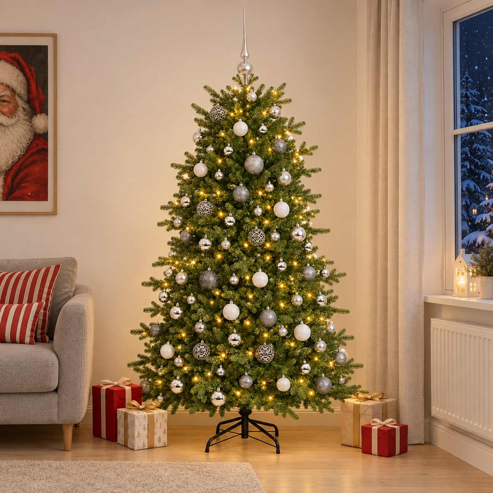vidaXL Tekokuusi joulupalloilla 240 cm 300 LEDiä Lämpimän Valkoinen