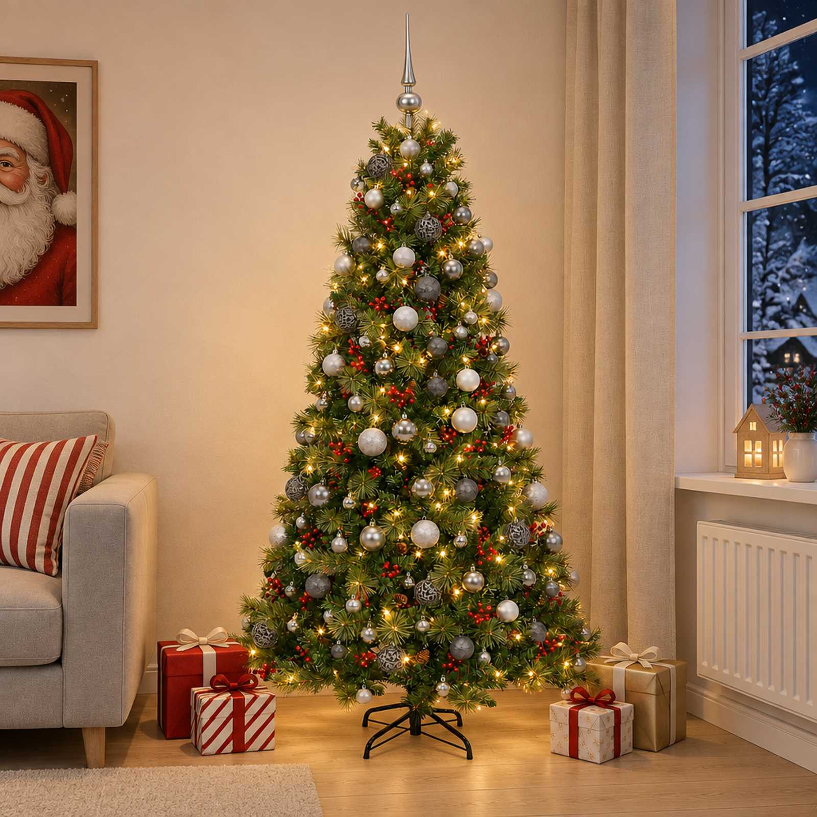 Umetna božična jelka z bučko 180 cm 300 LED Toplo bela