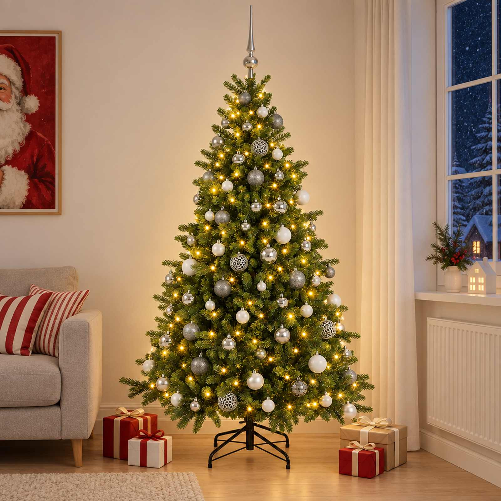 Umetna božična jelka z bučko 180 cm 300 LED Toplo bela
