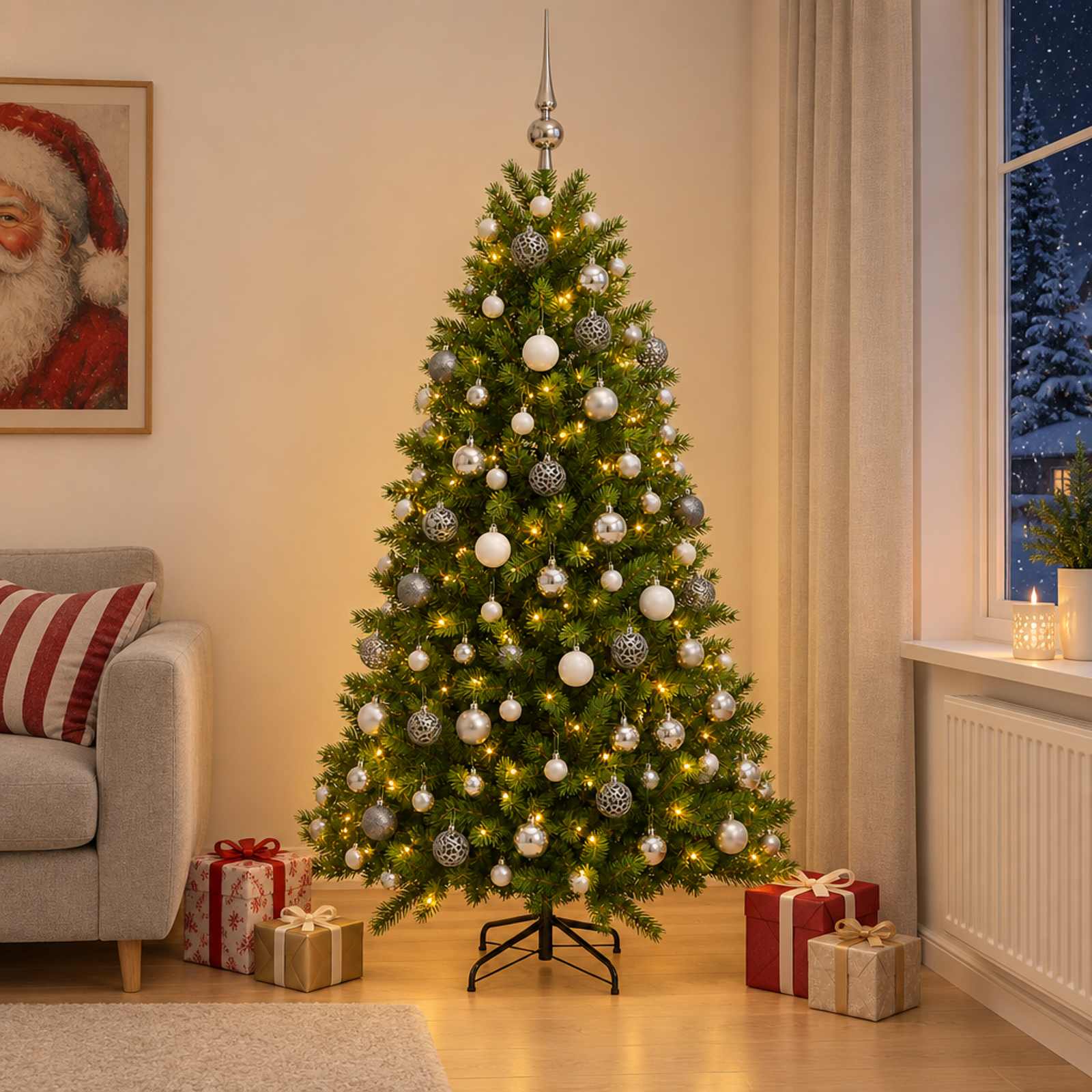 Umjetno božično drevo z okrasnimi kroglami 210 cm 300 LED