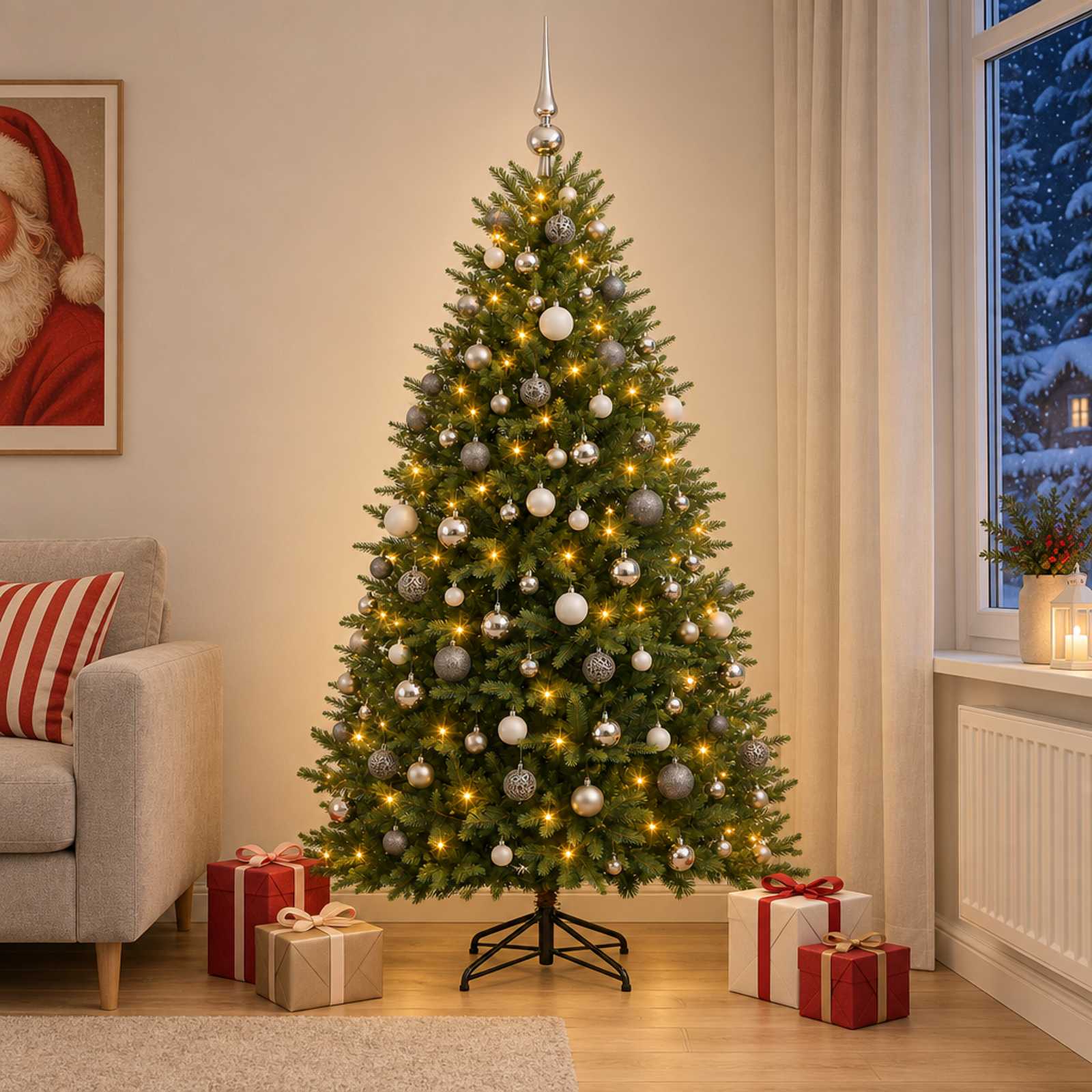 vidaXL Muovinen joulukuusi koristeilla 240 cm 300 LEDiä