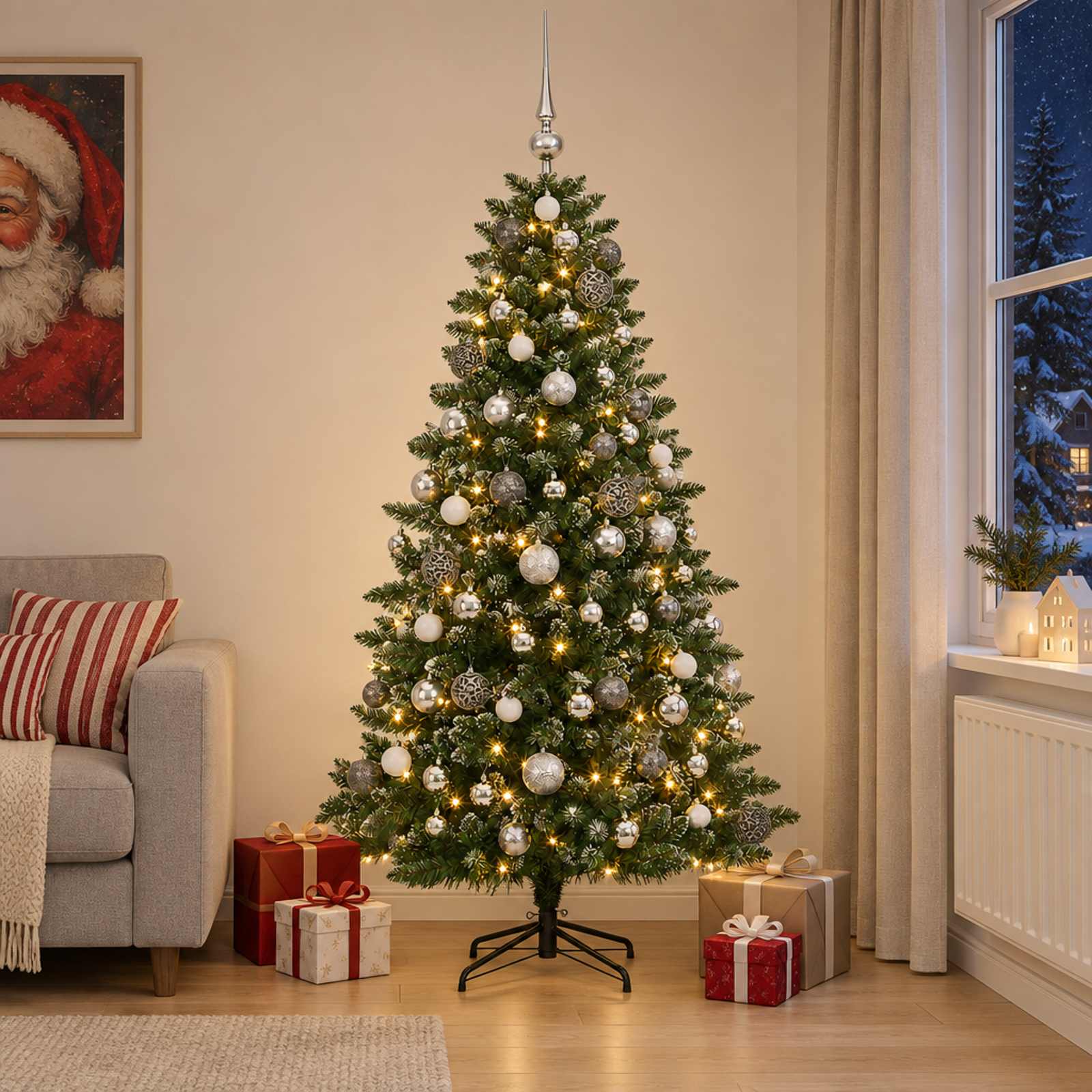 vidaXL Muovinen joulukuusi koristeilla 210 cm 300 LEDiä