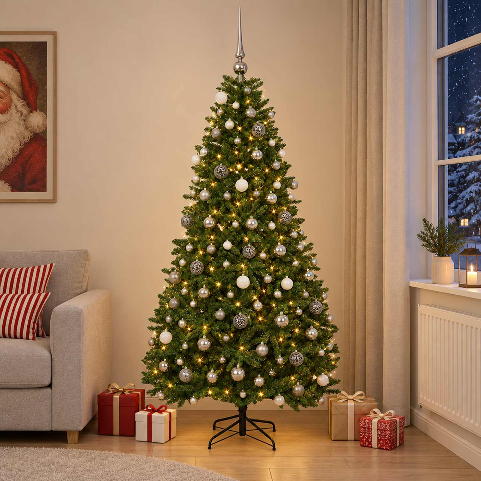 vidaXL Kunstigt juletræ mellemgrønt med julekugle 210 cm 300 LED'er