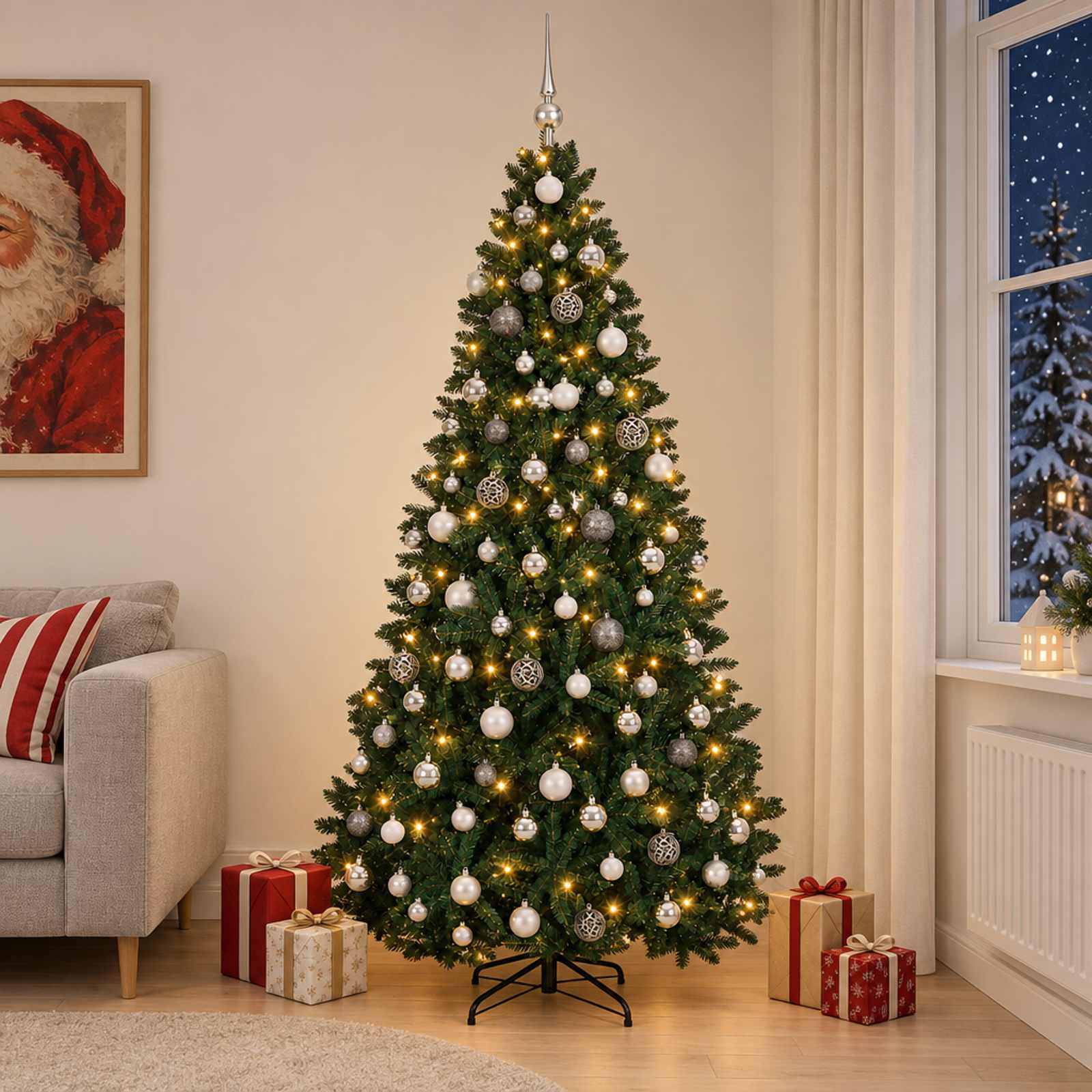 vidaXL Kunstigt mørkegrønt juletræ med julekugler 270 cm 600 LED'er