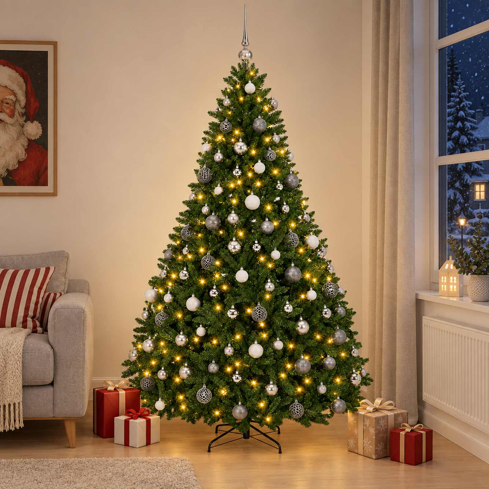 vidaXL Tekokuusi keskivihreä joulupalloilla 270 cm 600 LEDiä