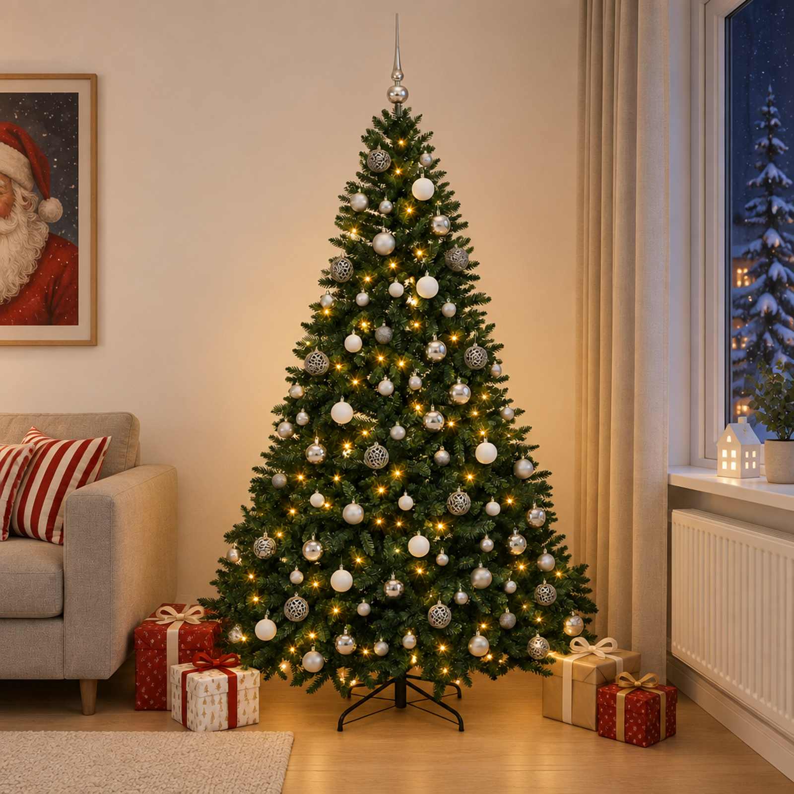 vidaXL Kunstigt juletræ mørkegrønt med julekugler 270 cm 600 LED'er
