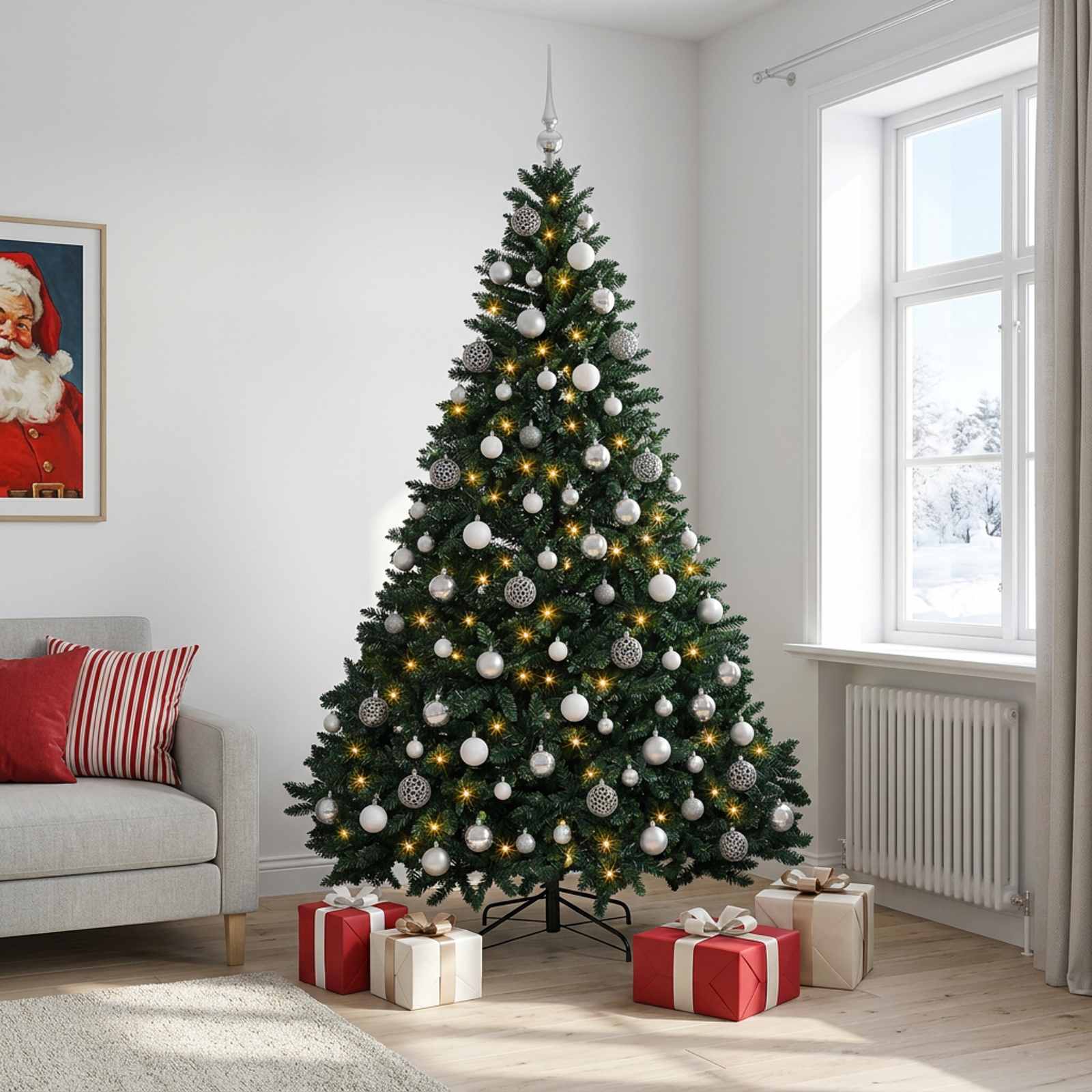 Umetno božično drevo, temno zeleno, z bučkami 240 cm 300 LED