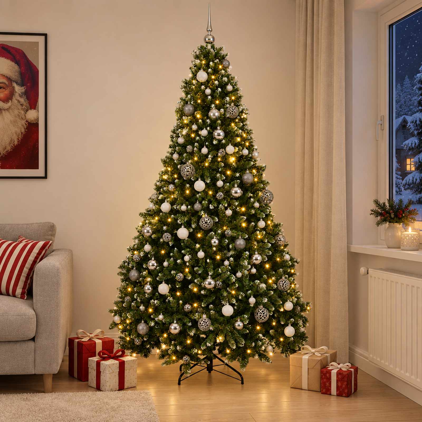 Umjetno božično drevo z okrasnimi kroglami 210 cm 300 LED
