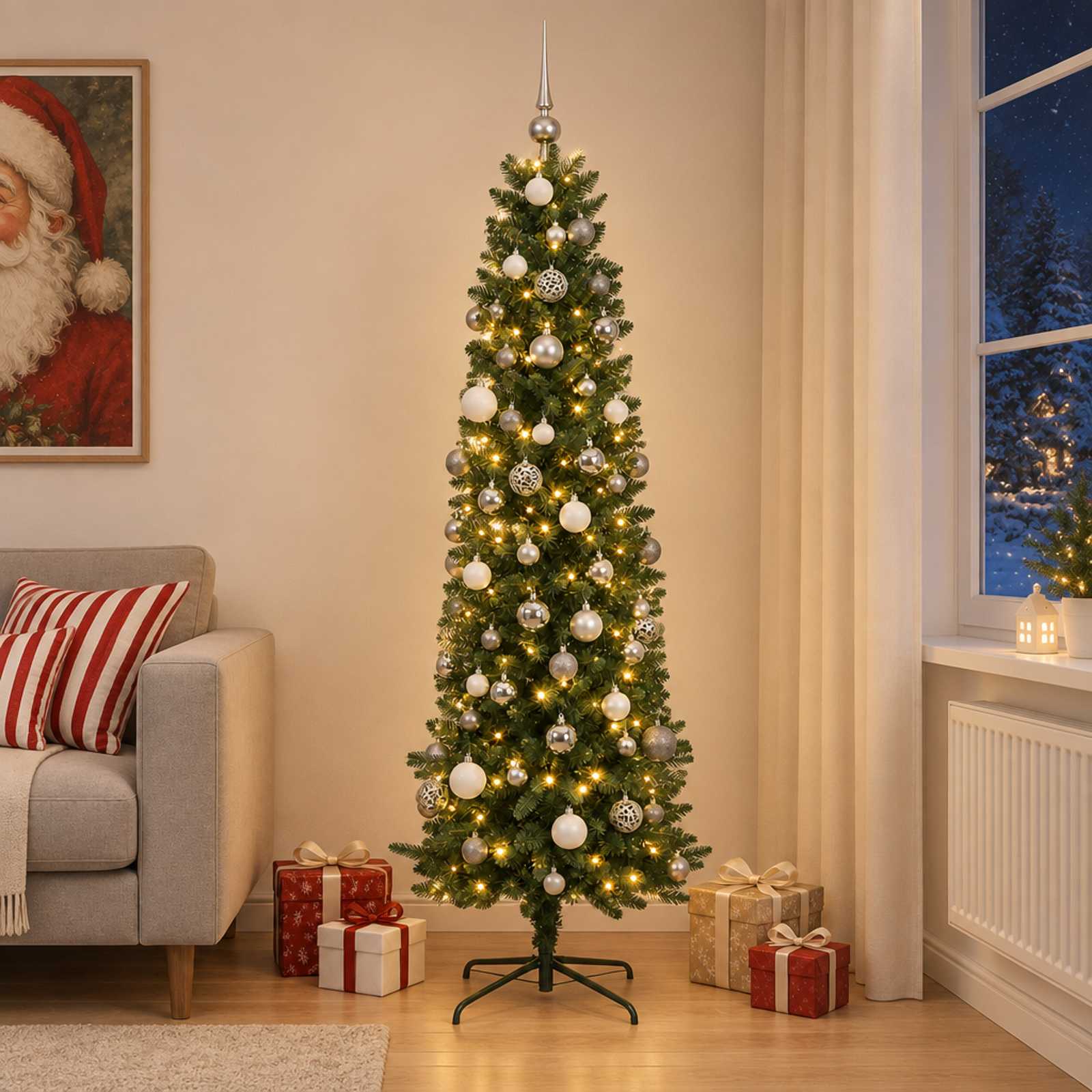 vidaXL - Smalle - kunstkerstboom - met - kerstballen - 180 - cm - 300 - LED's - Warmwit
