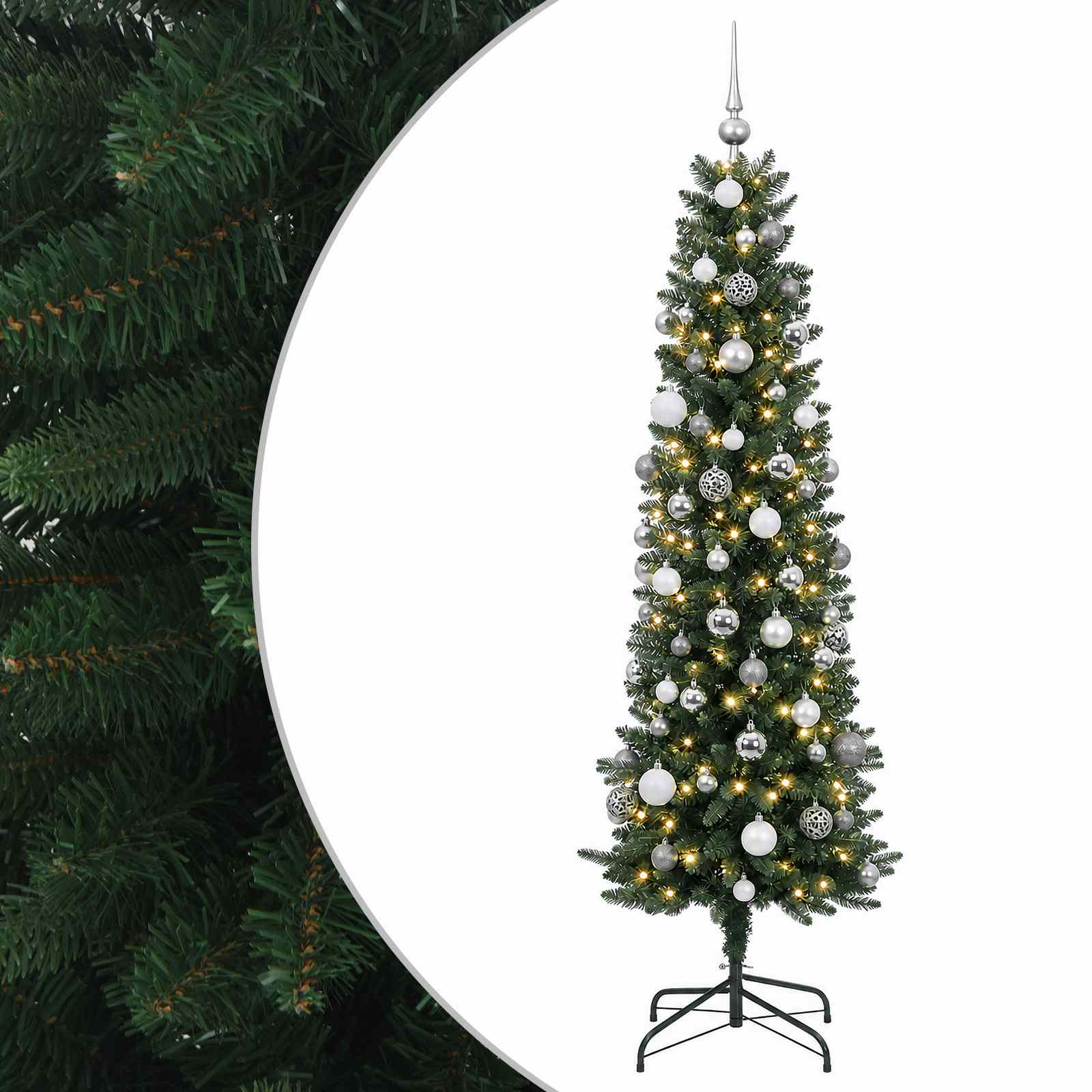 vidaXL Künstlicher schmaler Weihnachtsbaum mit Kugeln 180 cm 300 LEDs – Bild 2