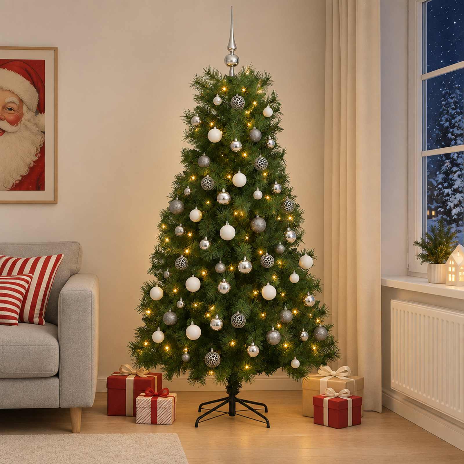 vidaXL Kunstigt hængslet juletræ med julekugler 180 cm 300 LED'er
