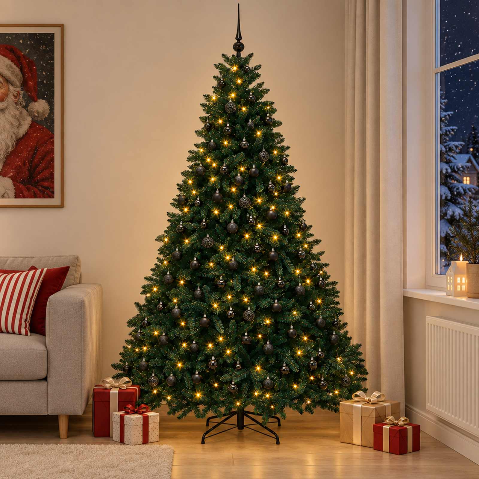 vidaXL Kunstigt juletræ mørkegrønt med julekugler 270 cm 600 LED'er