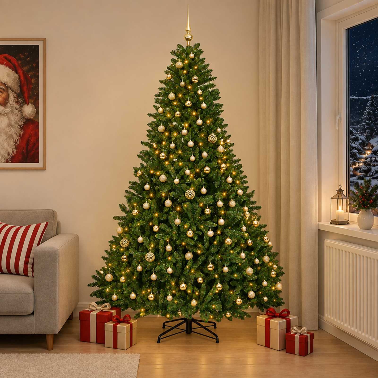 vidaXL Kunstigt lysegrønt juletræ med julekugler 270 cm 600 LED'er