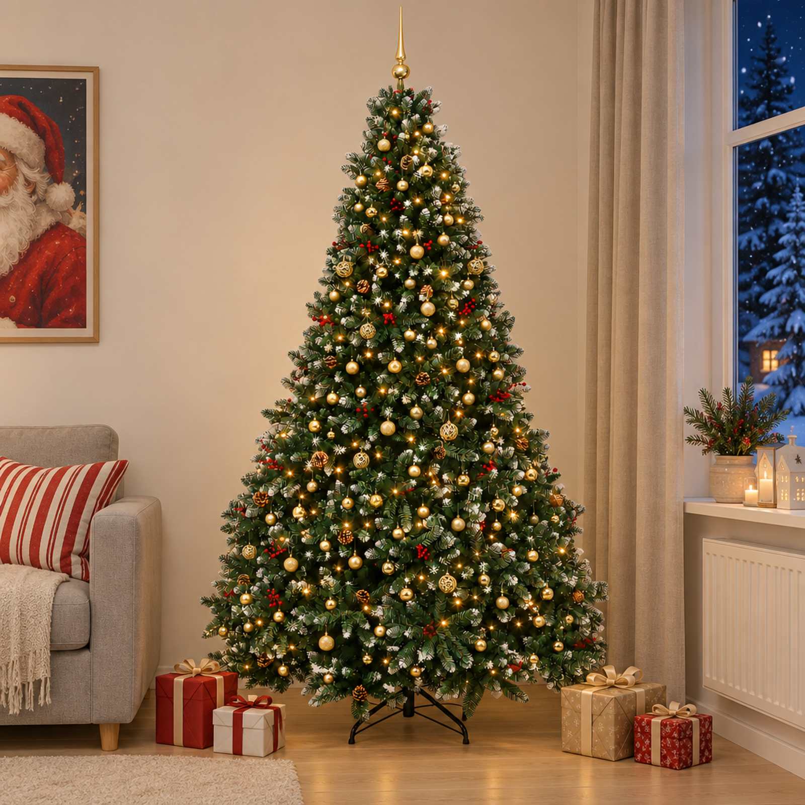 vidaXL Kunstigt juletræ, grønt med julekugler 300 cm 600 LED'er