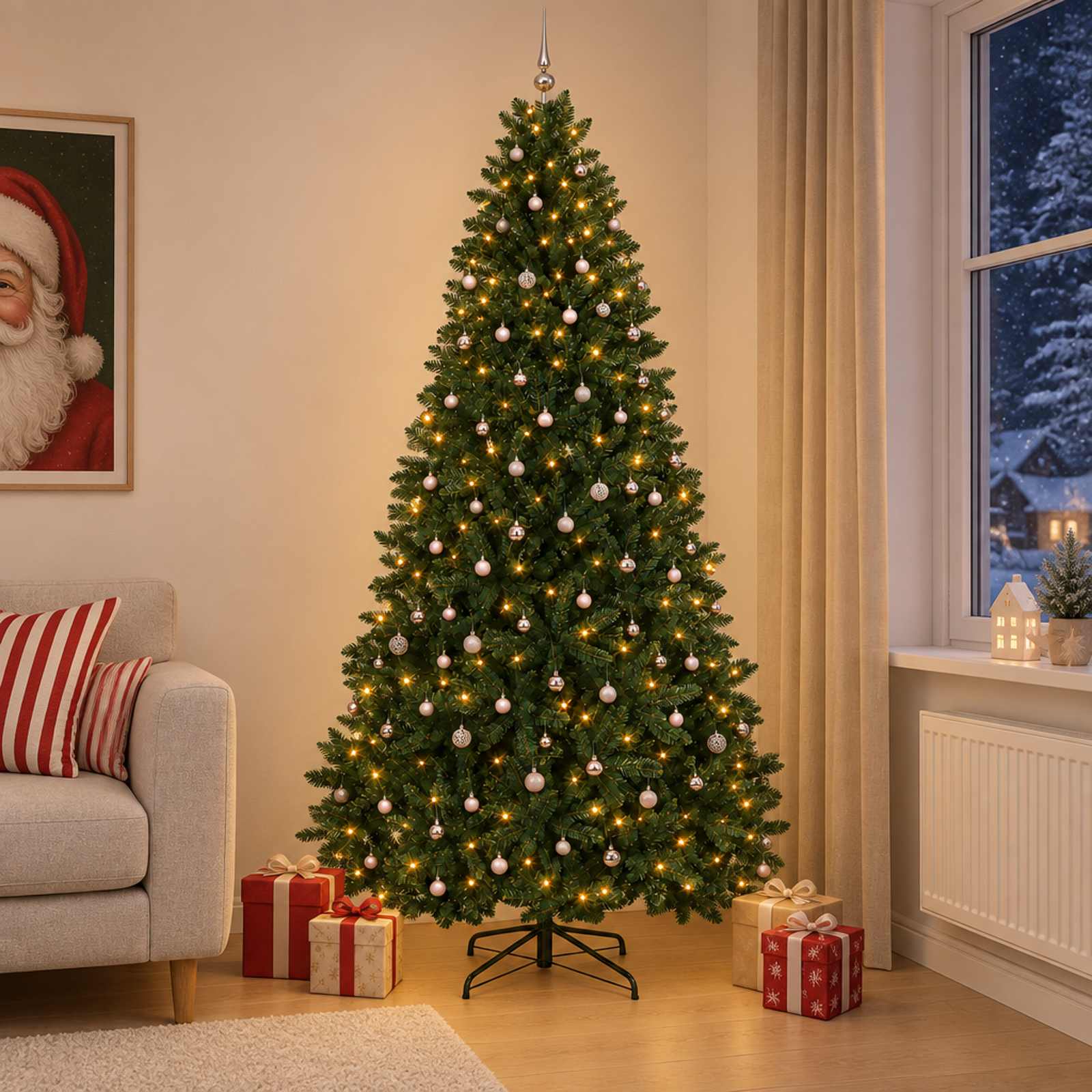 vidaXL Kunstigt juletræ mørkegrønt med julekugle 270 cm 600 LED'er