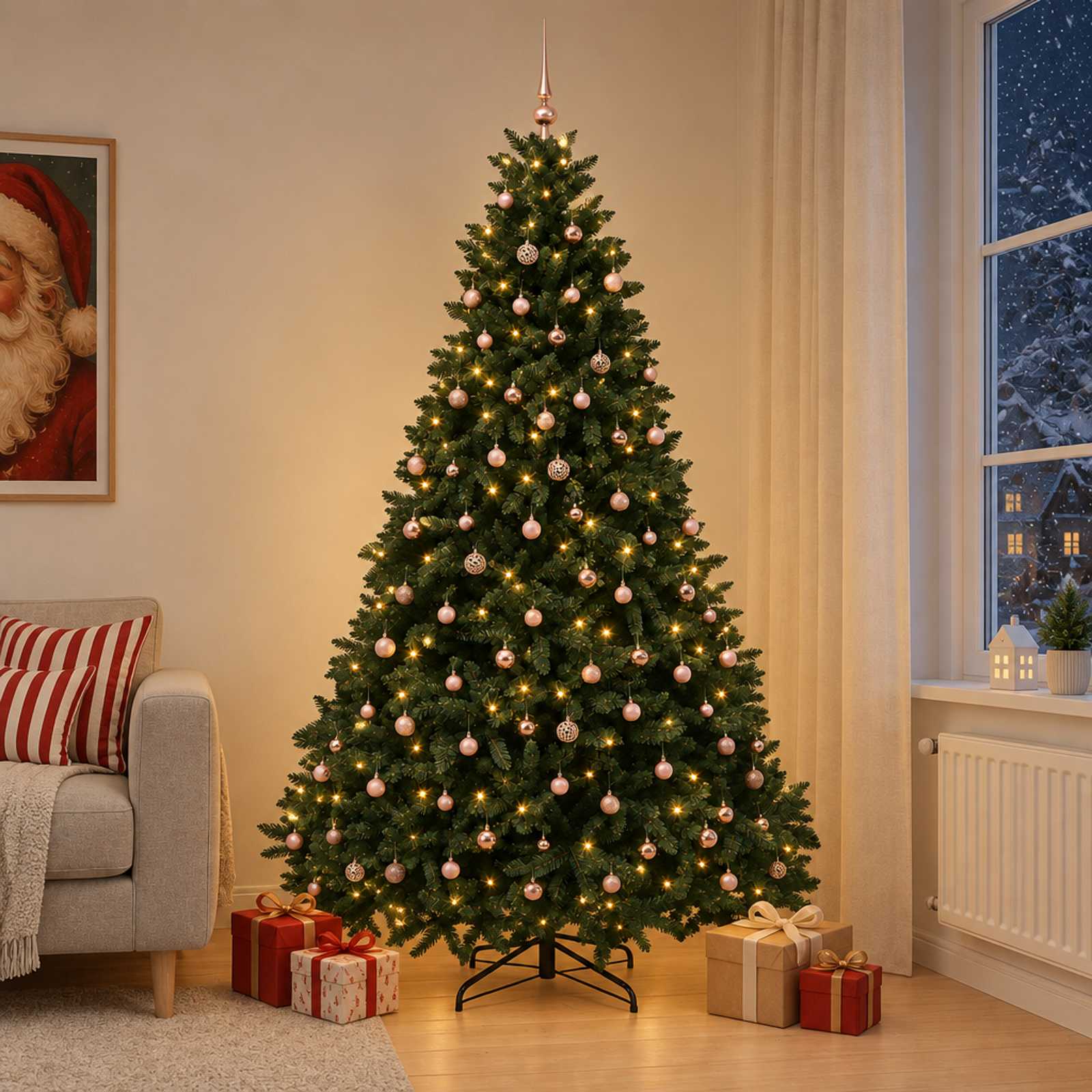 vidaXL Kunstigt mørkegrønt juletræ med julekugler 270 cm 600 LED'er