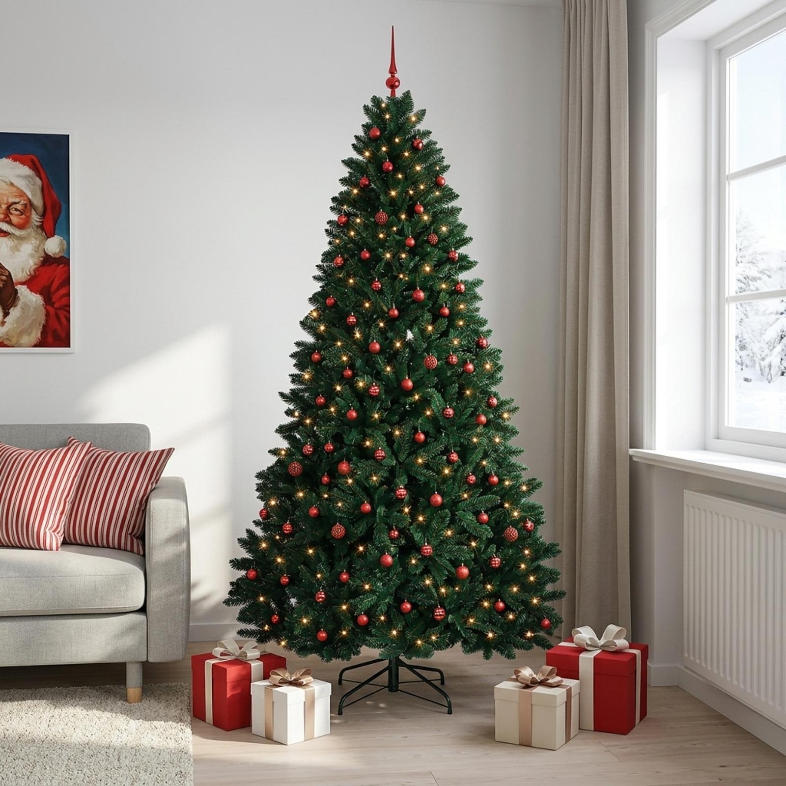 vidaXL Kunstigt juletræ mørkegrønt med julekugler 300 cm 600 LED'er